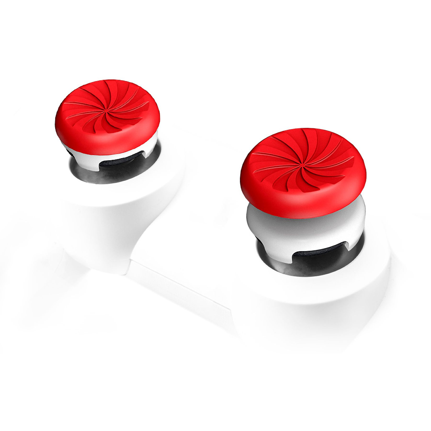 Zwei rote Joystick-Kappen mit Spiralmuster auf weißen Controller-Basis.