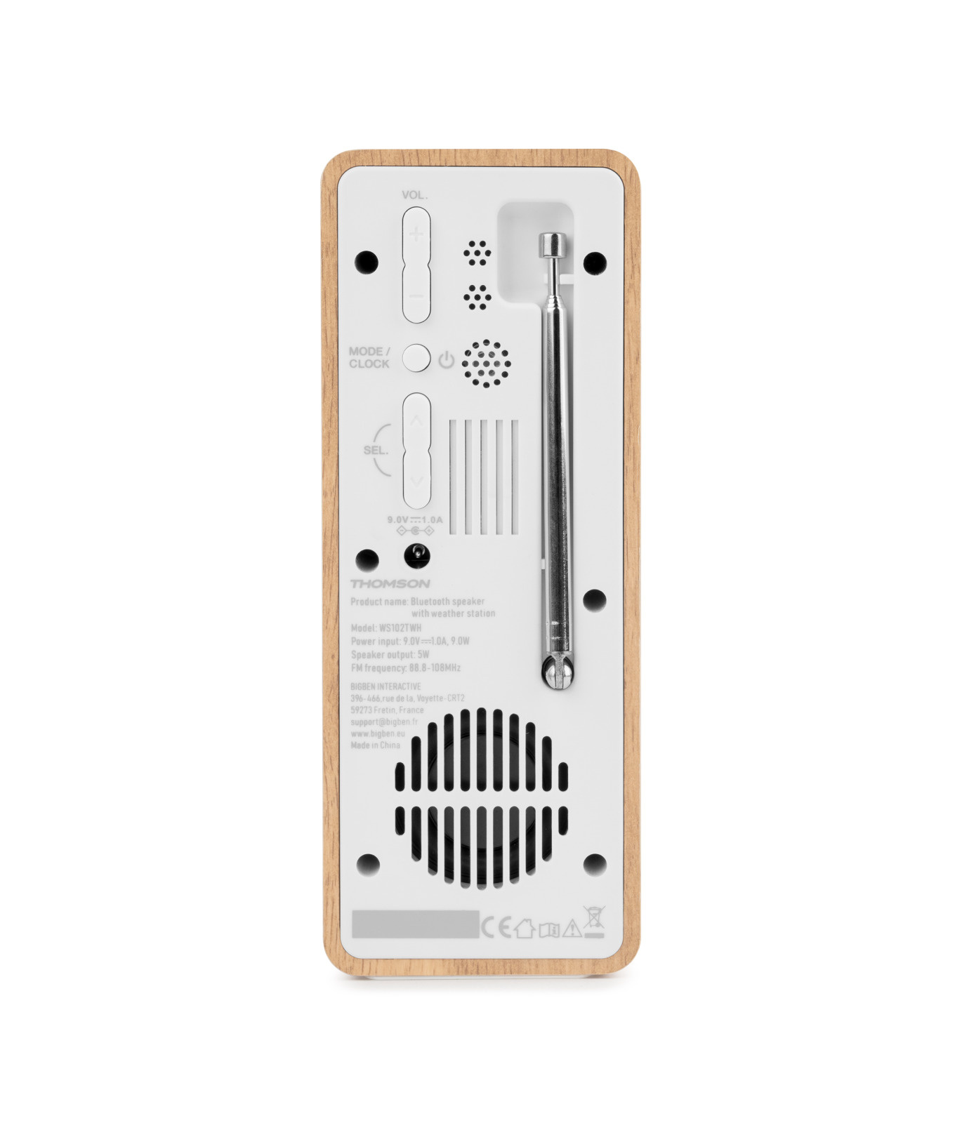 Tył głośnika Bluetooth Thomson ze stacją pogodową, srebrną anteną i elementami sterującymi.