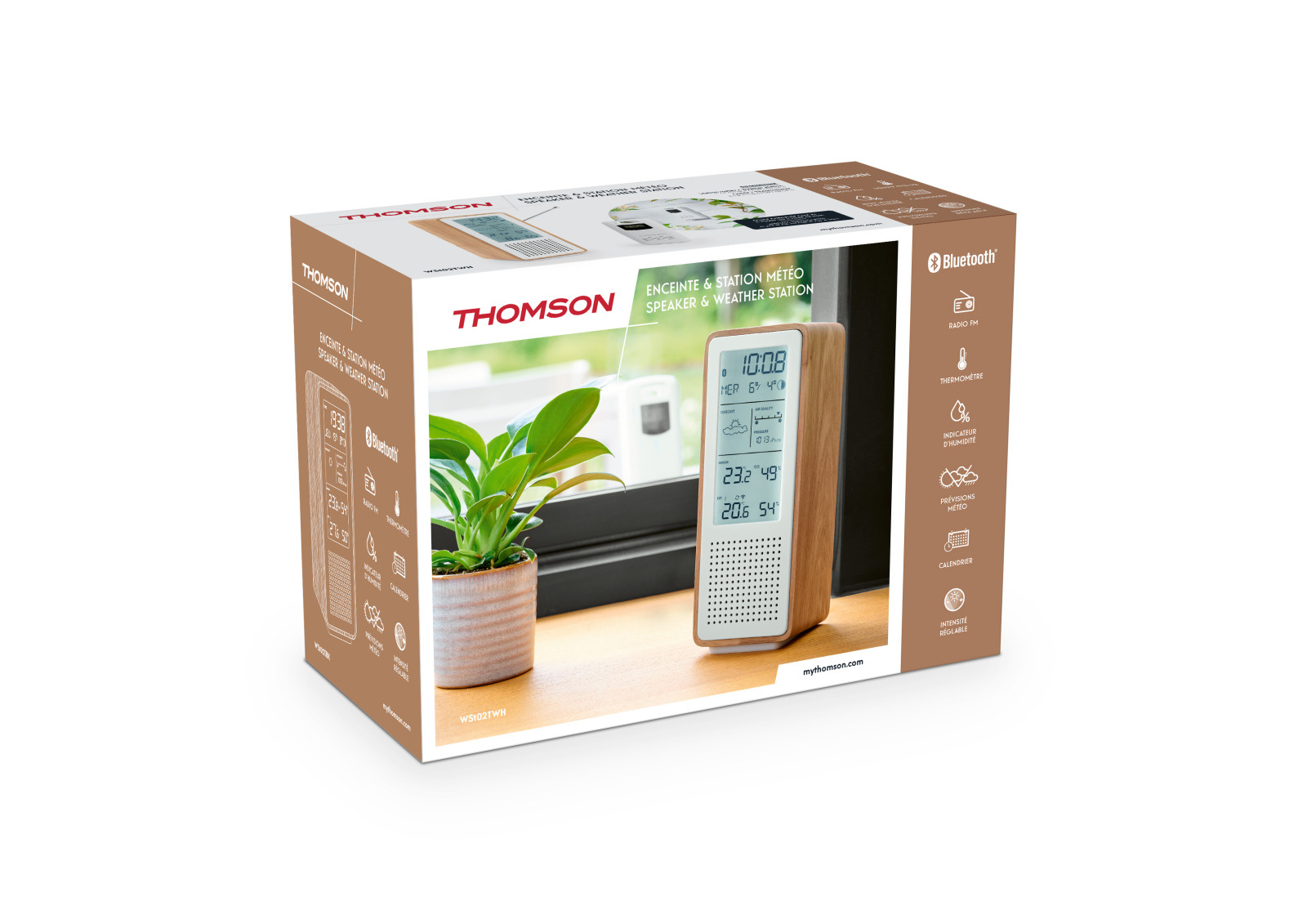 Zestaw głośnika i stacji pogodowej Thomson w drewnianej obudowie, wyświetlający różne dane pogodowe.