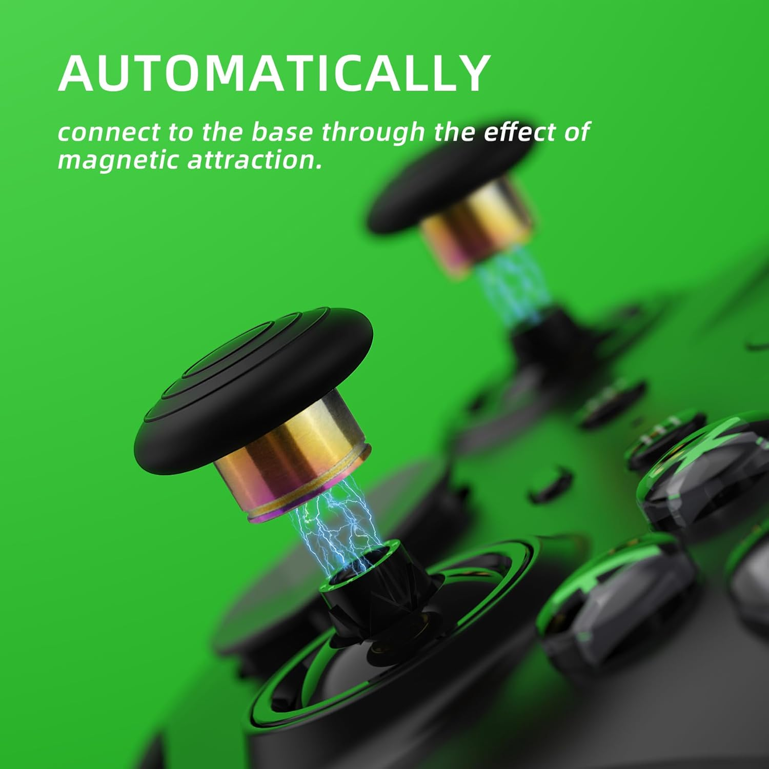 Ein schwarzer Joystick-Aufsatz verbindet sich magnetisch mit einer Basis. Blaue Blitze.