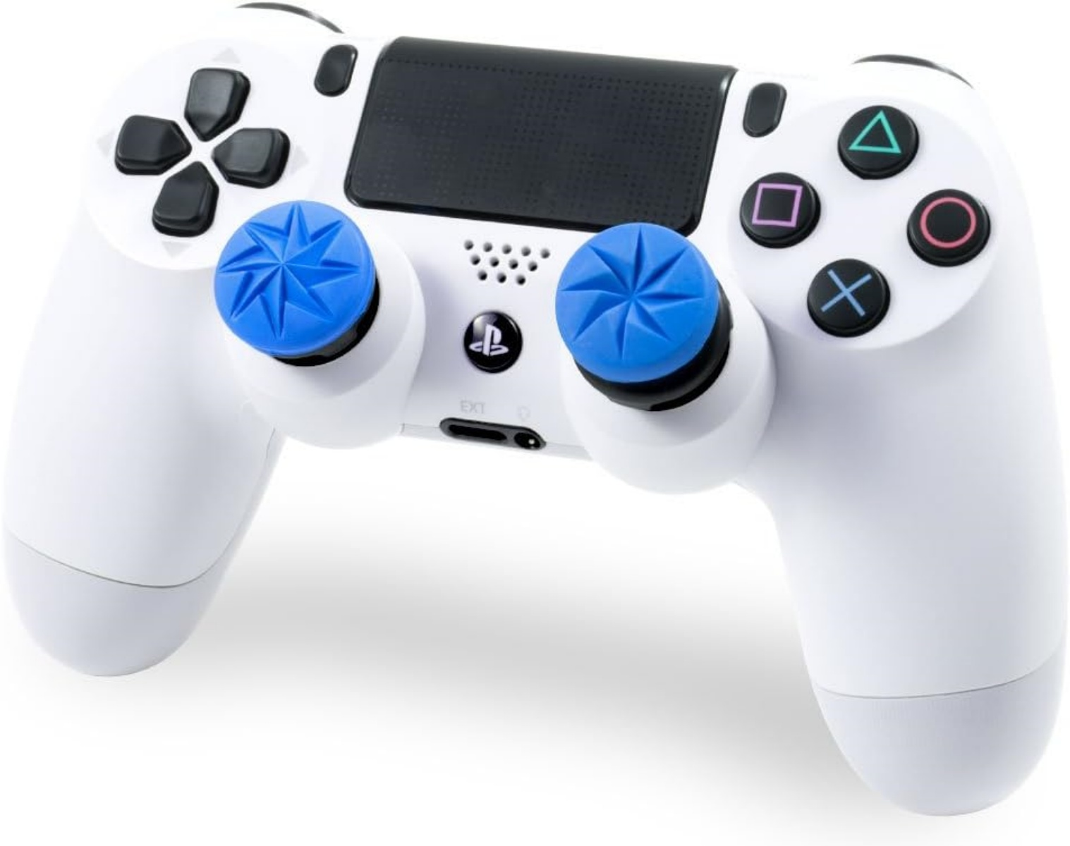 Weißer Controller mit blauen Joystick-Aufsätzen und schwarzen Tasten.