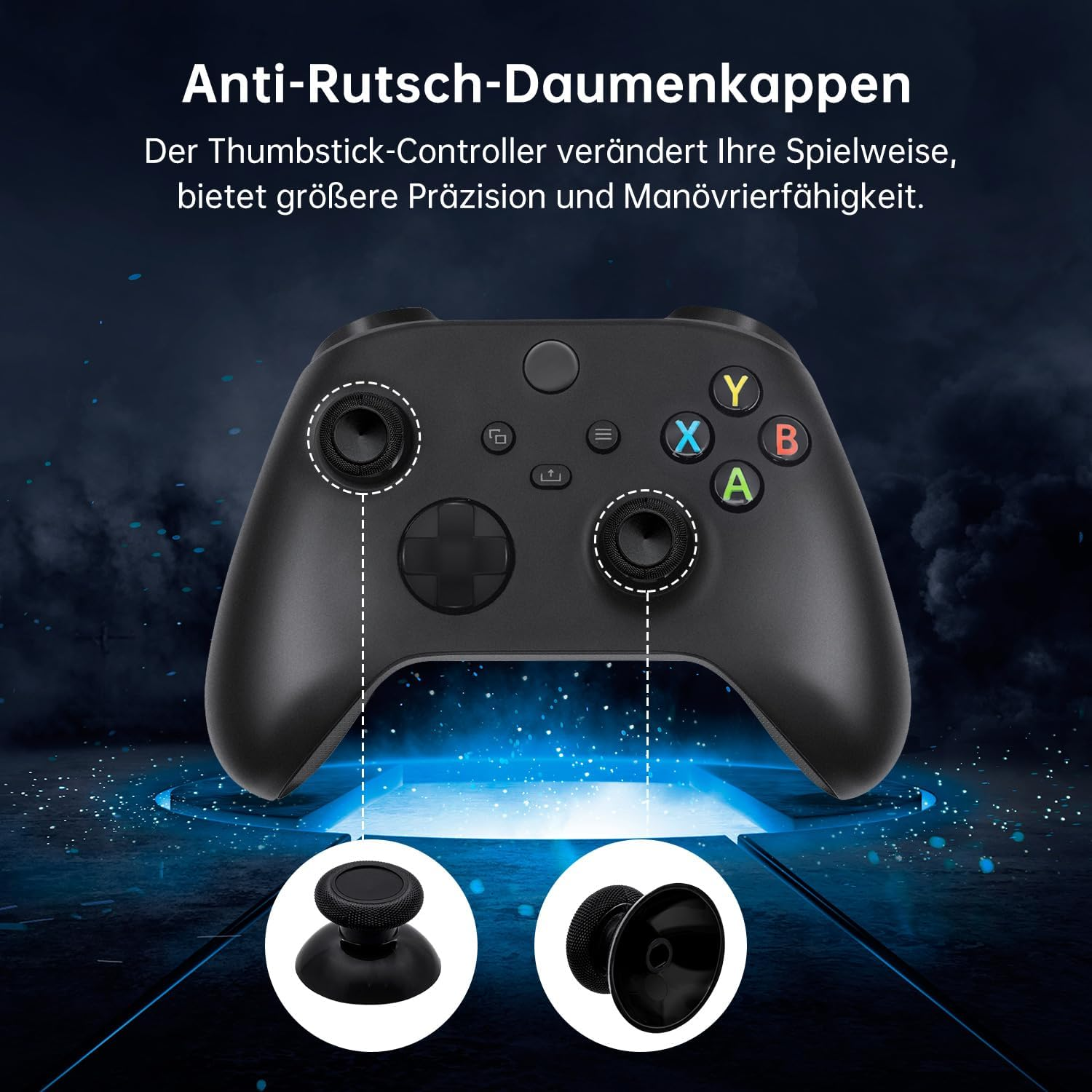 Schwarzer Controller mit zwei Daumenkappen. Blaue Lichter leuchten.