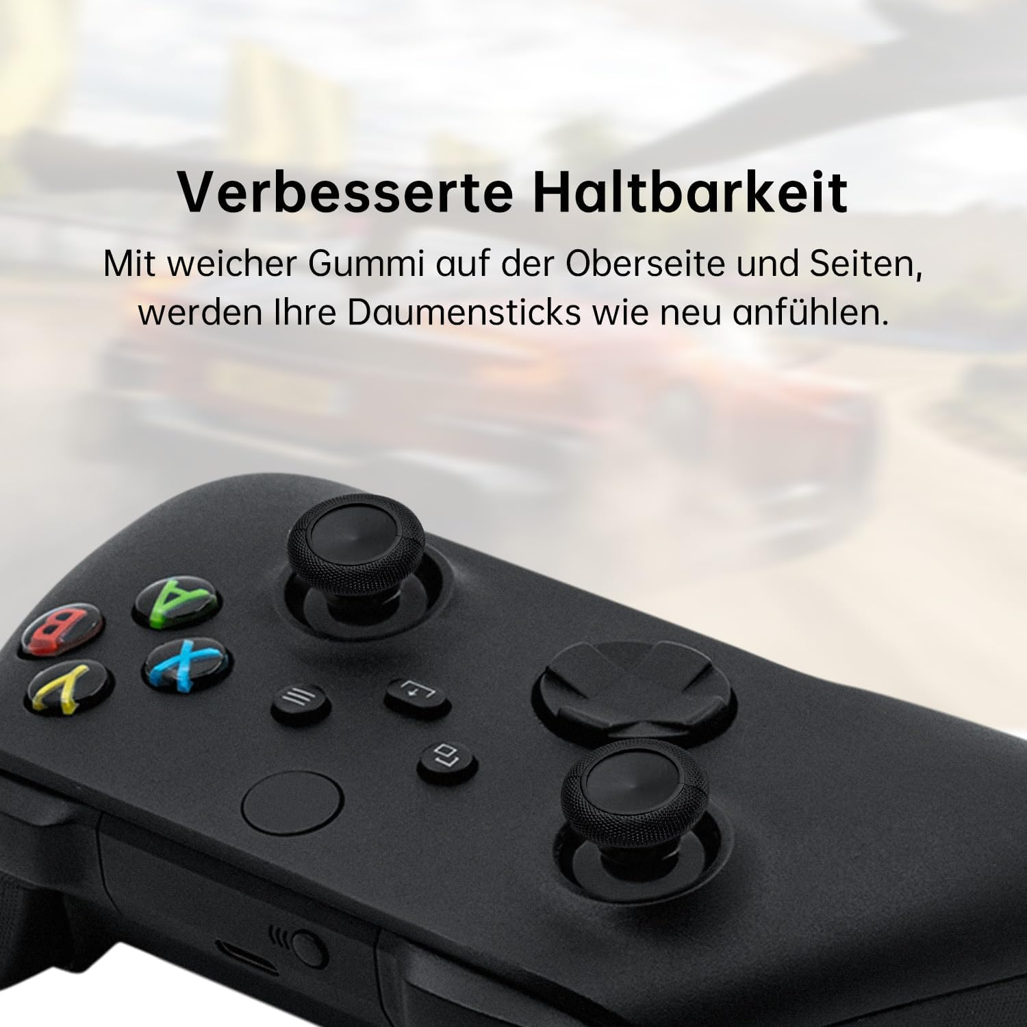 Schwarzer Controller mit gummierten Daumensticks und farbigen Tasten.