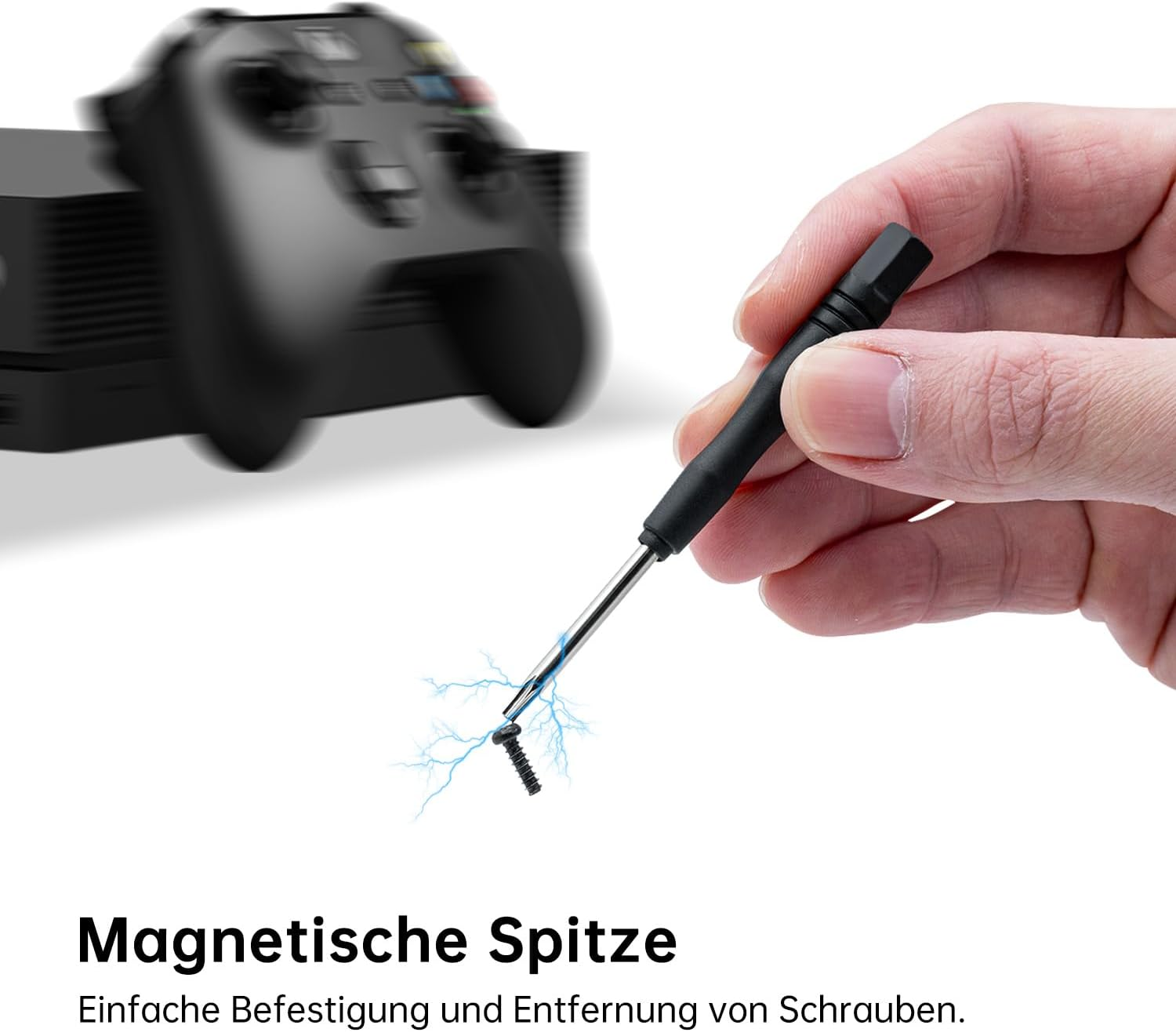 Magnetischer Schraubendreher hebt kleine Schraube. Xbox daneben.
