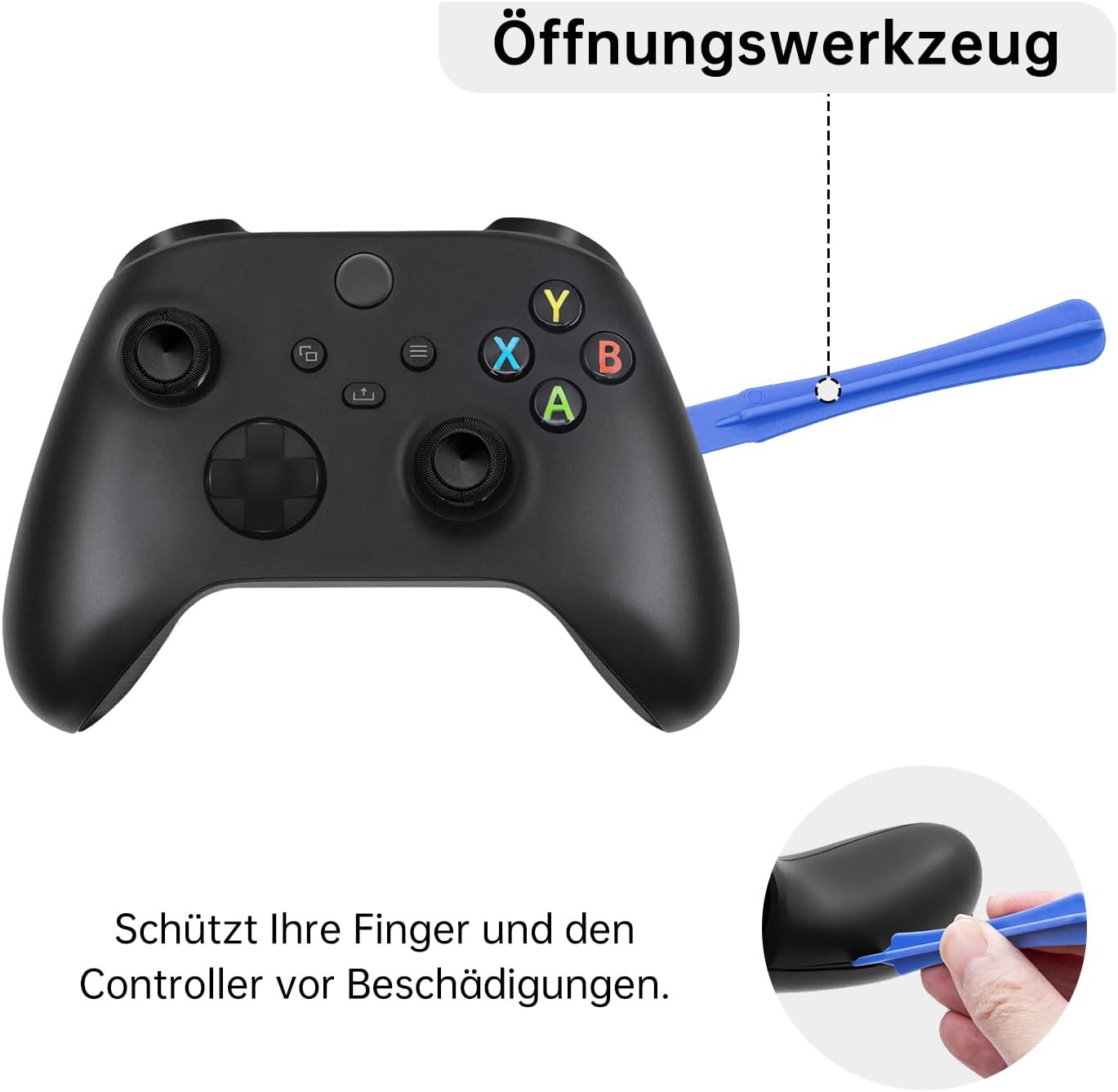 Schwarzer Controller mit blauem Öffnungswerkzeug, das ihn auseinandernimmt.