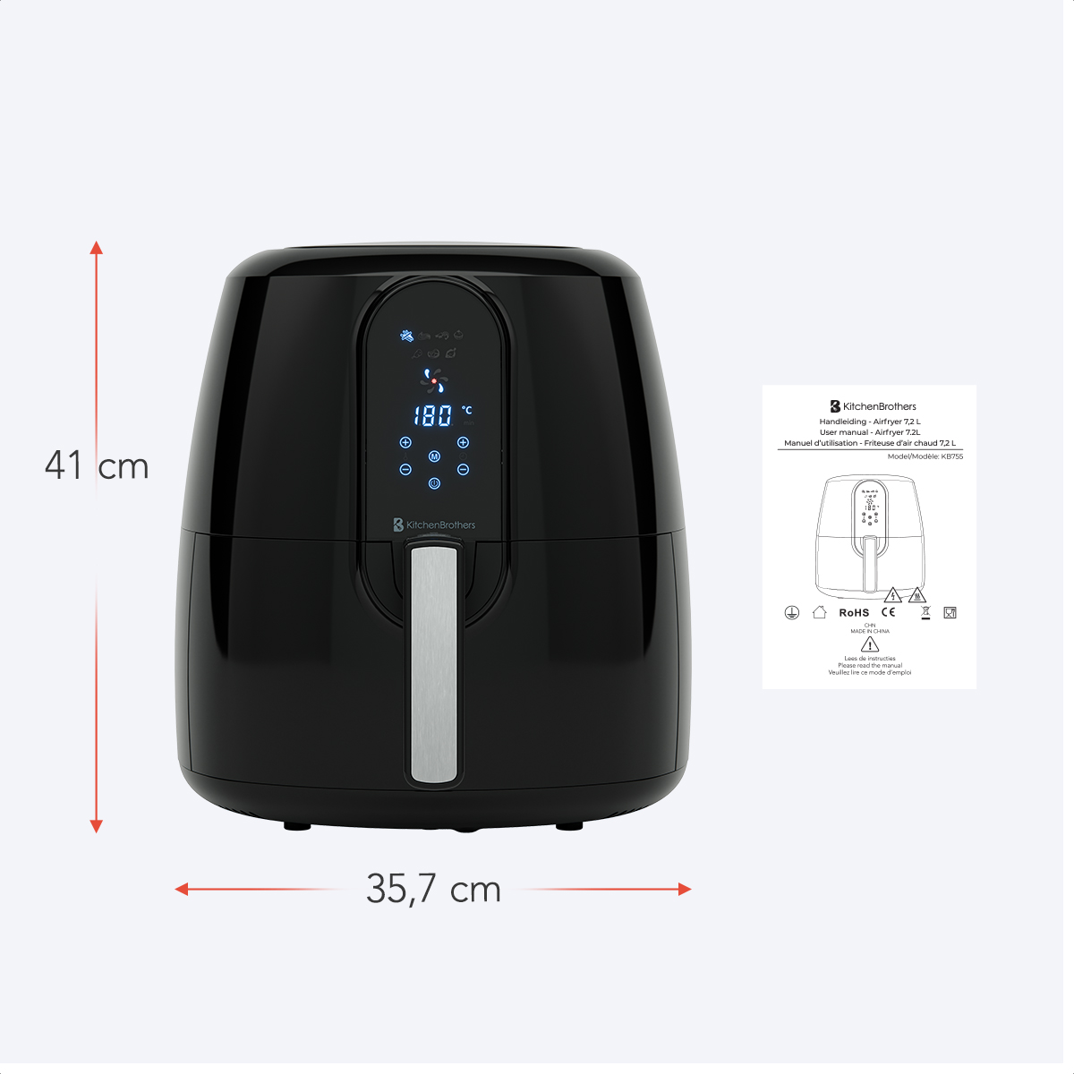 Black air fryer with digital display, 41cm tall, 35.7cm wide.