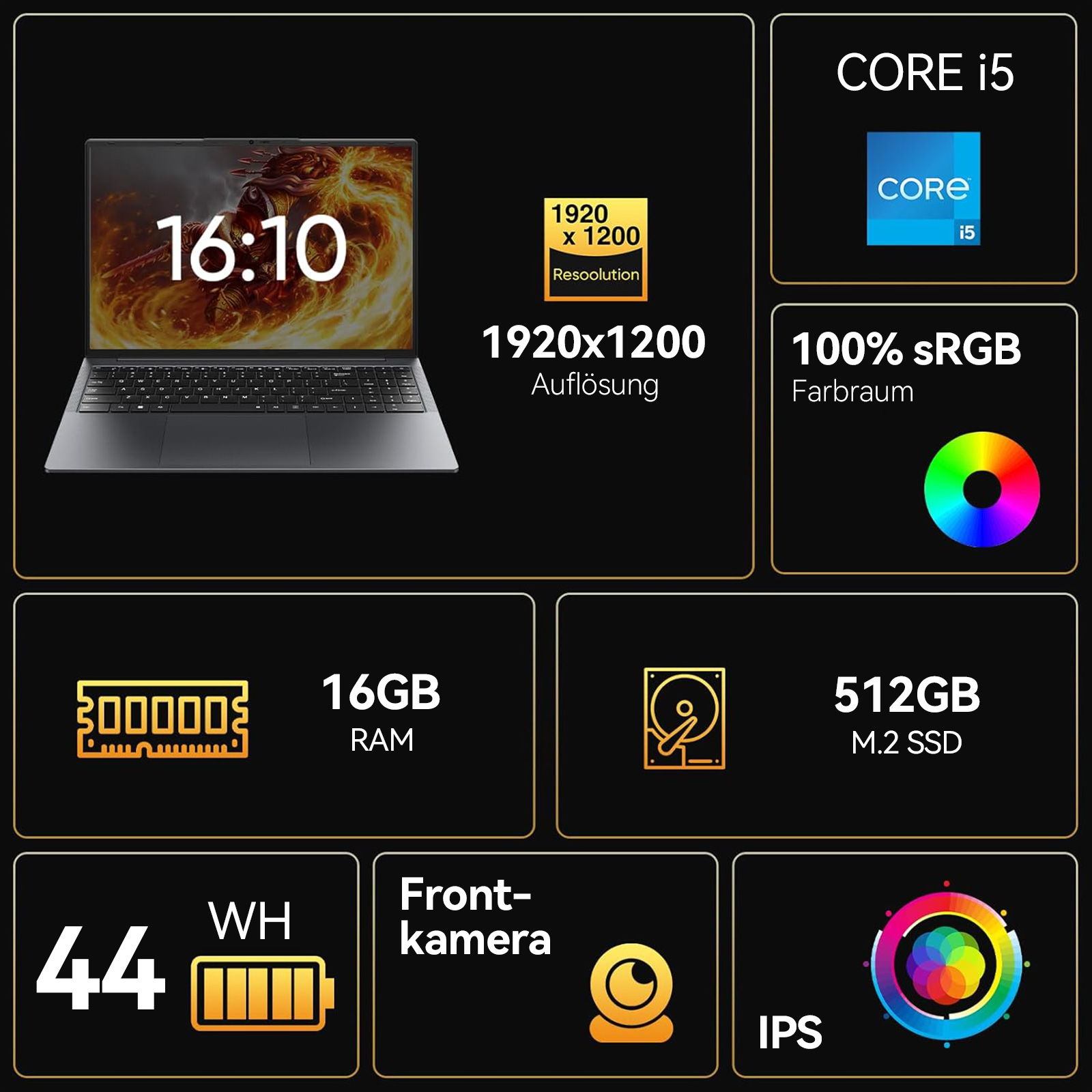 Laptop mit Intel Core i5, 16GB RAM, 512GB SSD, 1920x1200 Auflösung, 100% sRGB.