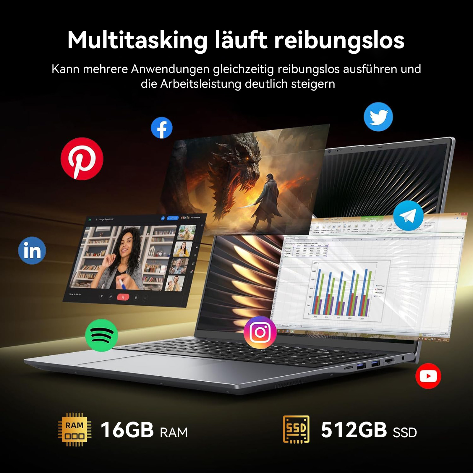 Ein Laptop zeigt mehrere Apps: Videoanruf, Drachenkampf, Tabelle, Social Media Logos.