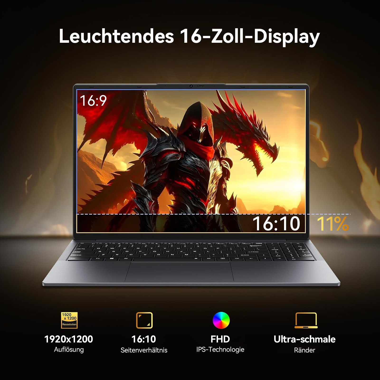Laptop mit 16:10 Display zeigt Krieger und Drachen. Auflösung 1920x1200.