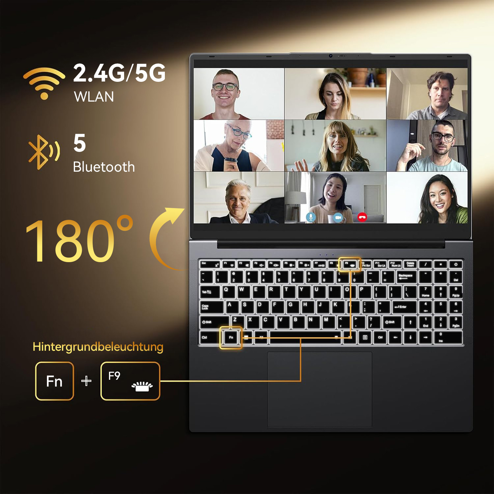 Laptop mit Videokonferenz: 6 Personen, WLAN, Bluetooth, 180° Display, beleuchtete Tastatur.