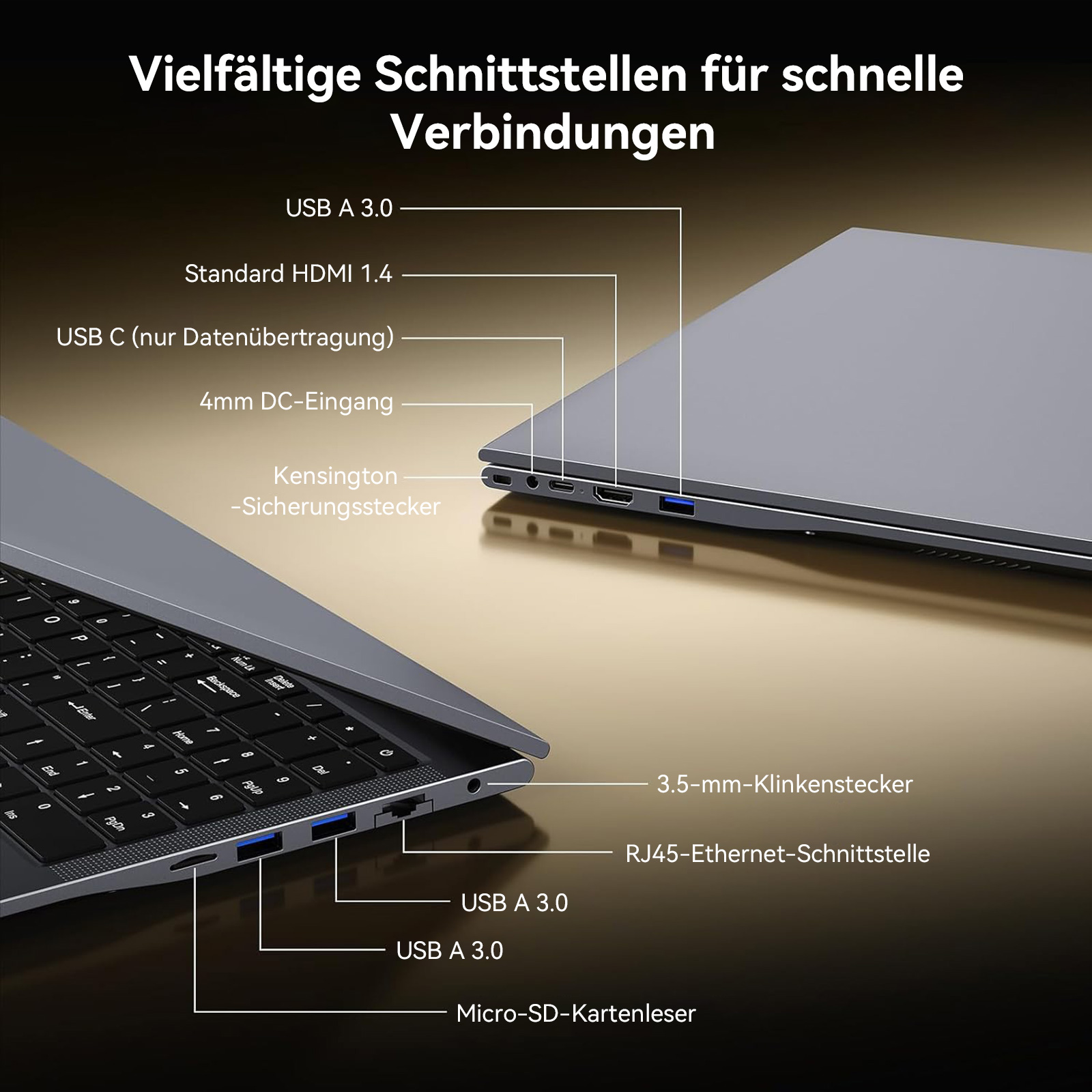 Laptop mit vielen Anschlüssen: USB-A, USB-C, HDMI, Ethernet, Audio, SD-Karte, Kensington.
