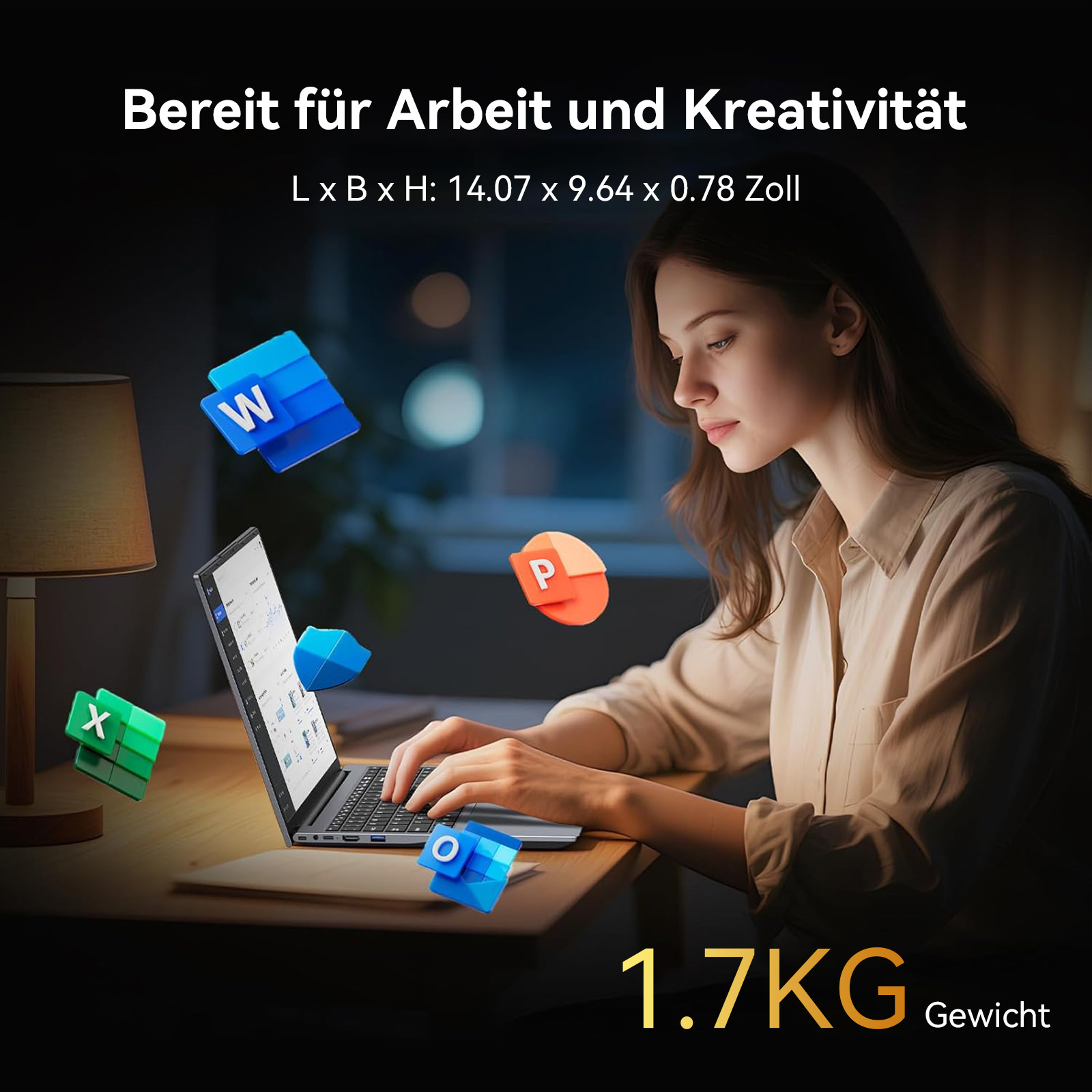 Frau tippt auf Laptop; Microsoft-Icons schweben um sie herum. 1,7 kg.