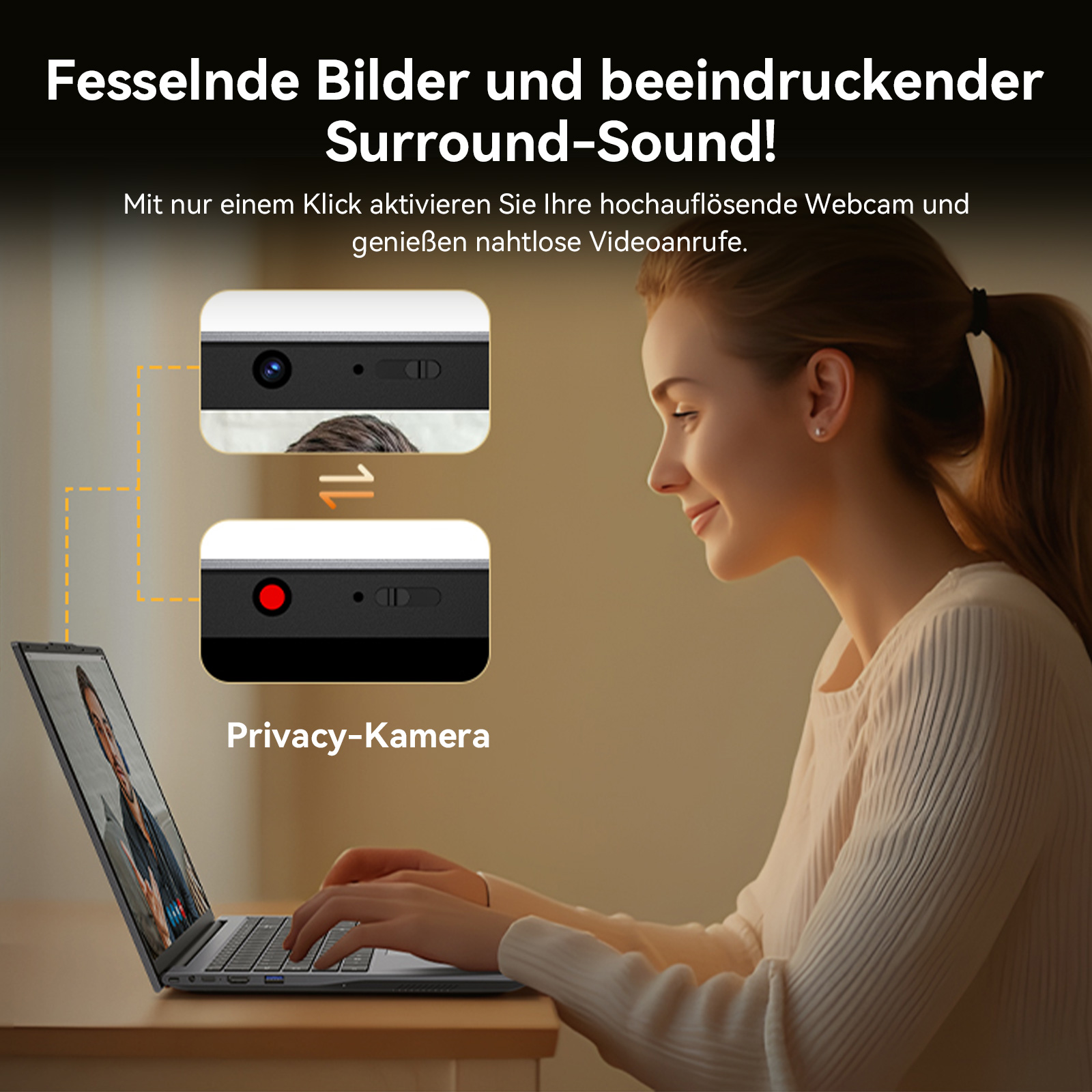 Frau tippt auf Laptop. Webcam-Ansichten zeigen Kamera an/aus.