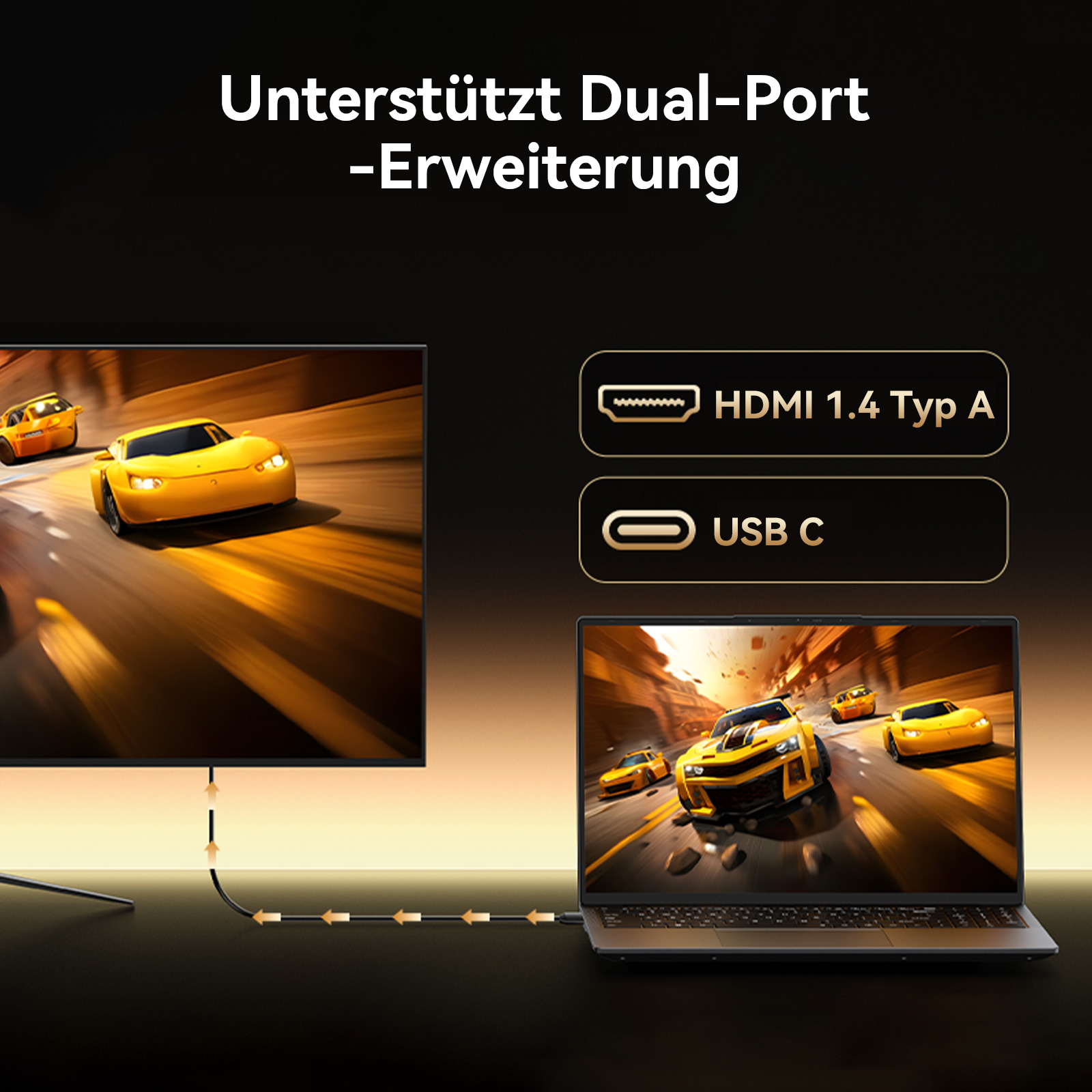 Ein Laptop ist über HDMI und USB-C mit einem großen Bildschirm verbunden.