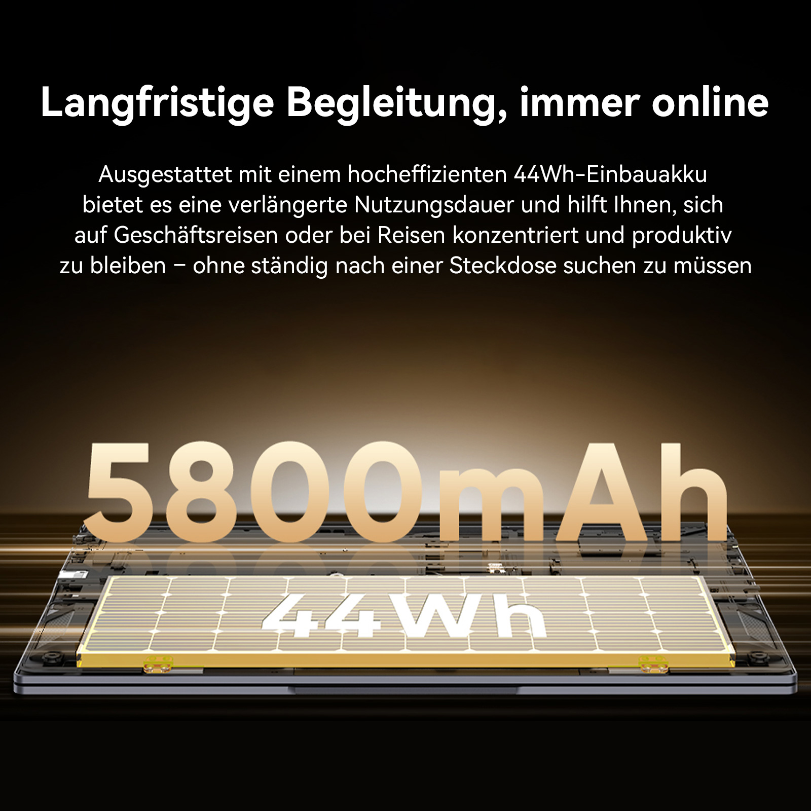 Laptop mit 5800mAh Akku und 44Wh Kapazität, für lange Nutzungsdauer.