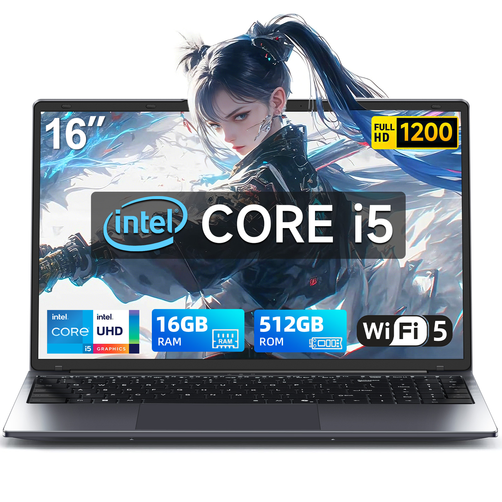 Ein Laptop mit 16 Zoll, Intel Core i5, 16 GB RAM und 512 GB ROM.