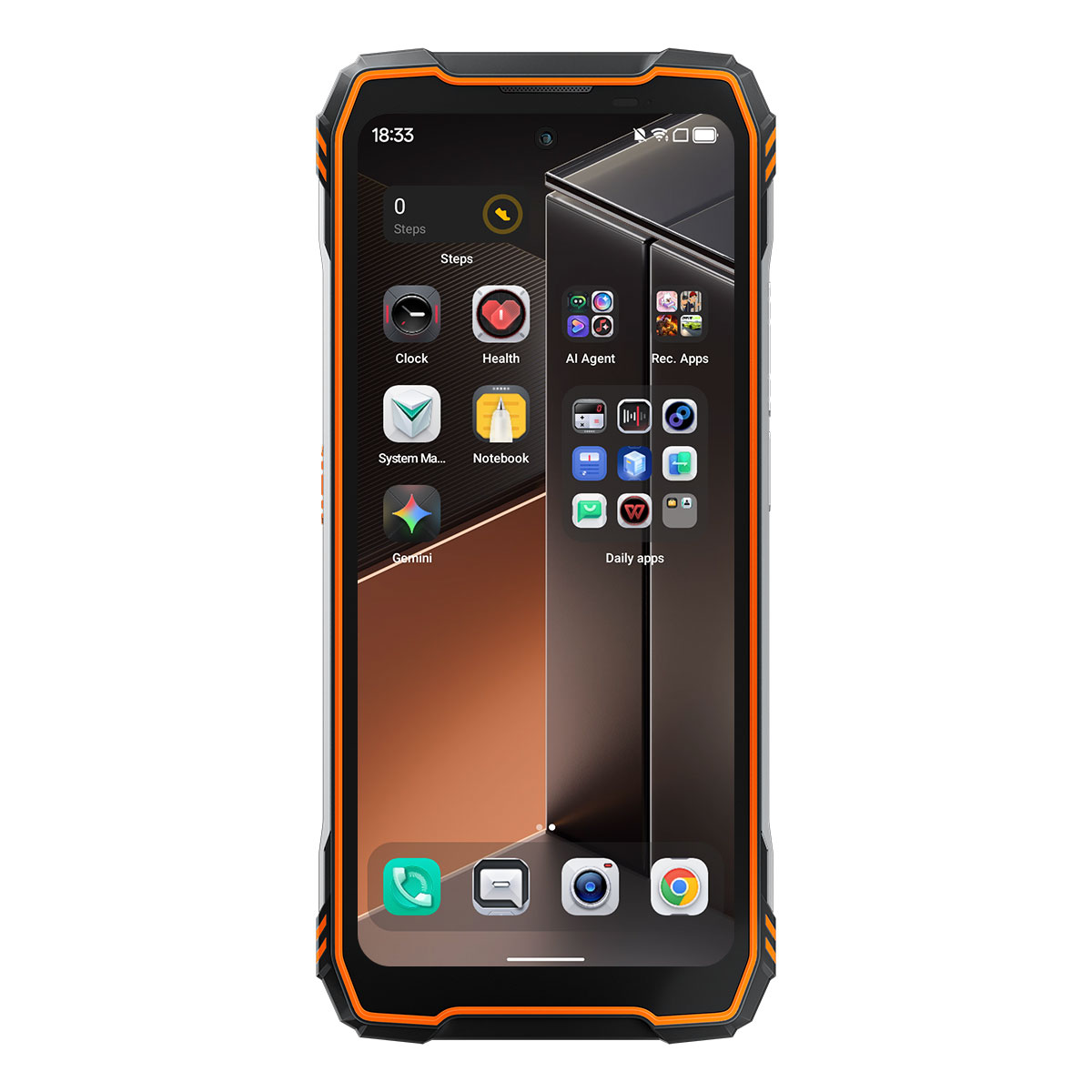 Un smartphone robusto con acentos naranjas y fondo oscuro. Pantalla muestra apps.
