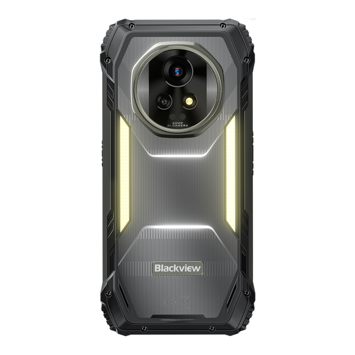 Teléfono inteligente negro resistente con cámara de 50MP, tiras de luz duales y logo.