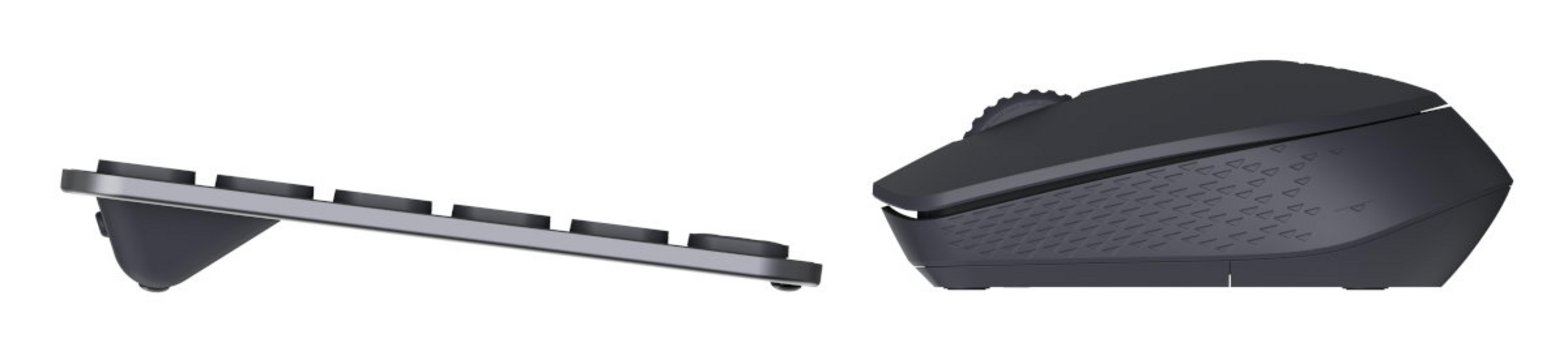 Tastiera e mouse wireless uno accanto all'altro su sfondo bianco.