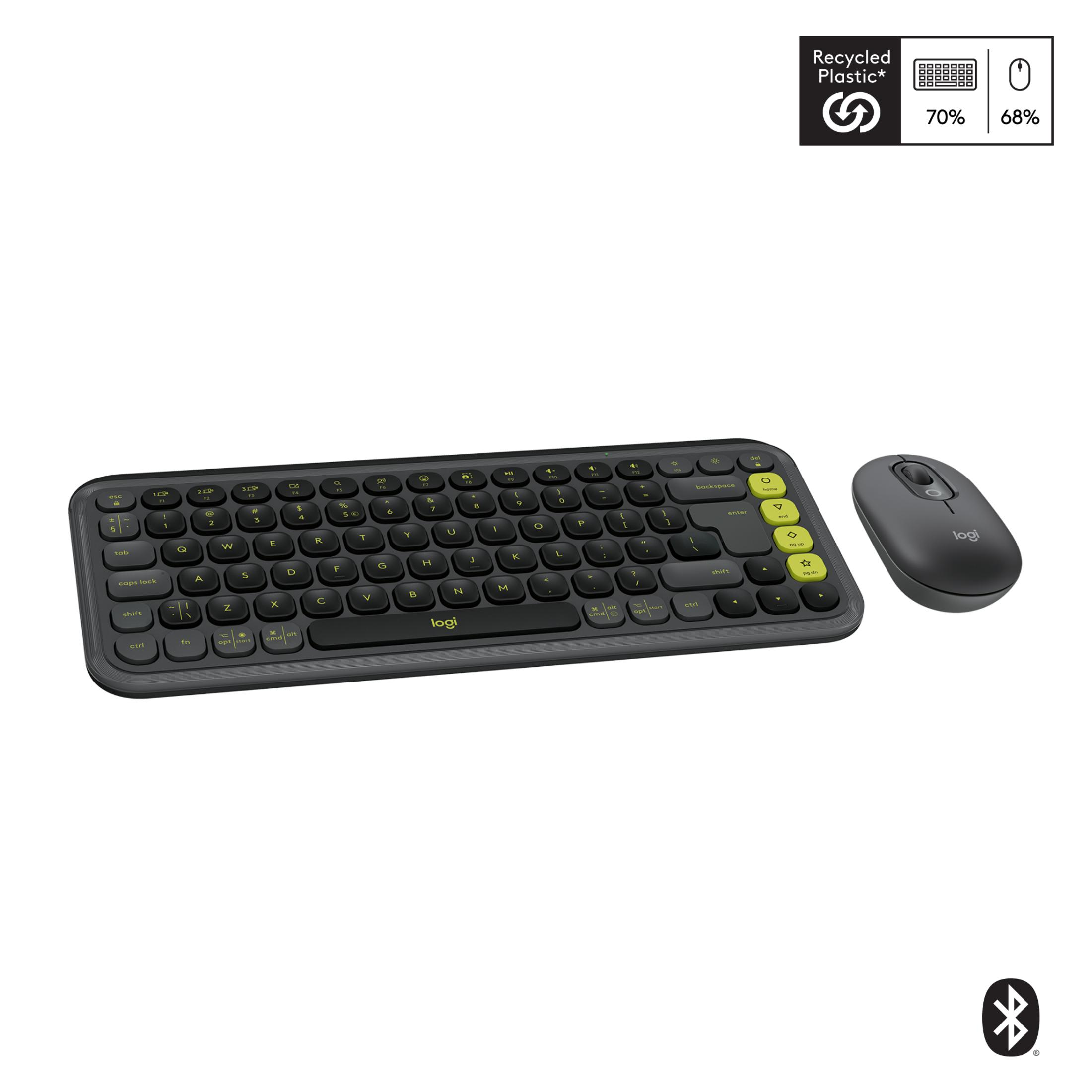 Un teclado y ratón inalámbricos negros están uno al lado del otro sobre fondo blanco.