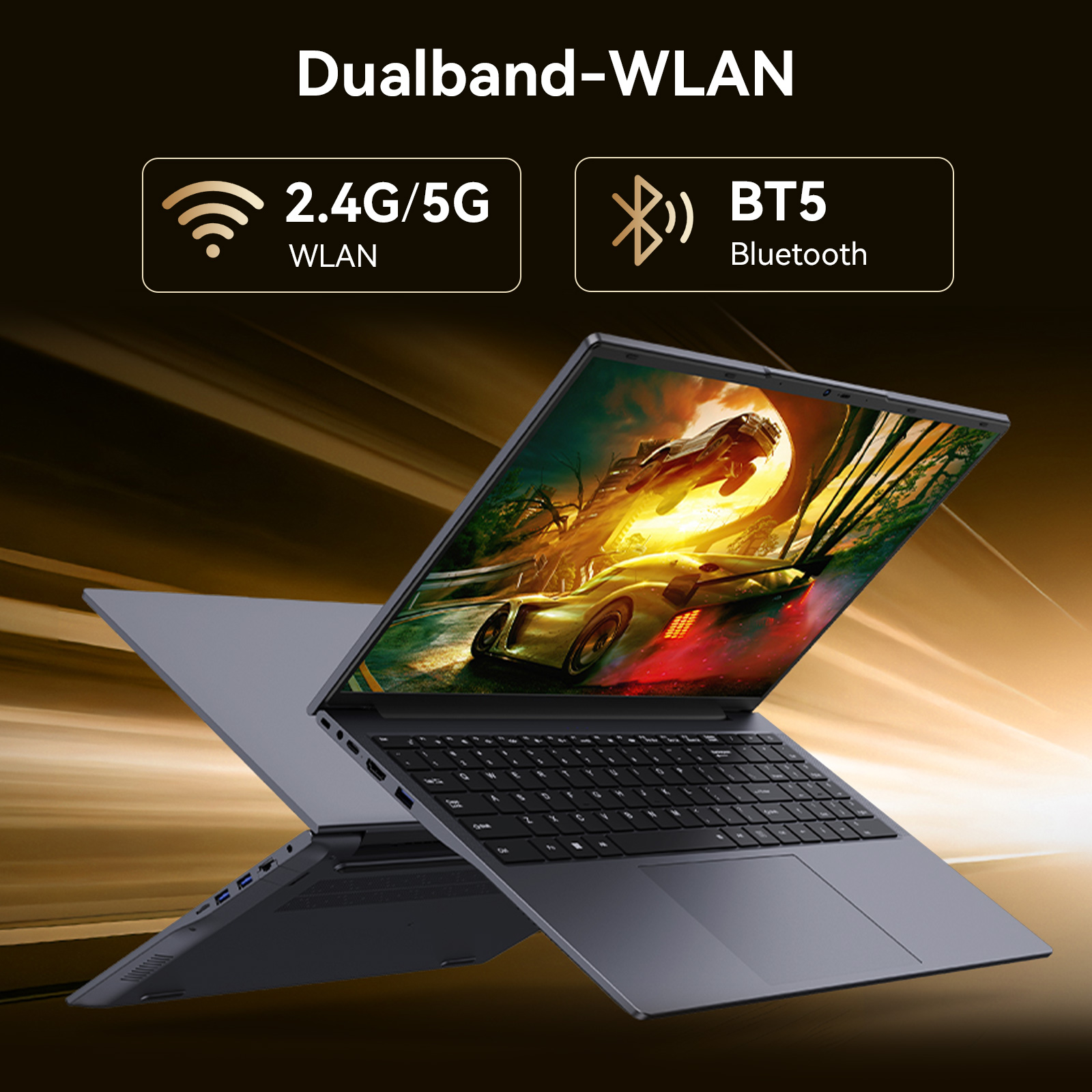 Laptop mit Dualband-WLAN und BT5. Bildschirm zeigt Autorennen-Spiel.