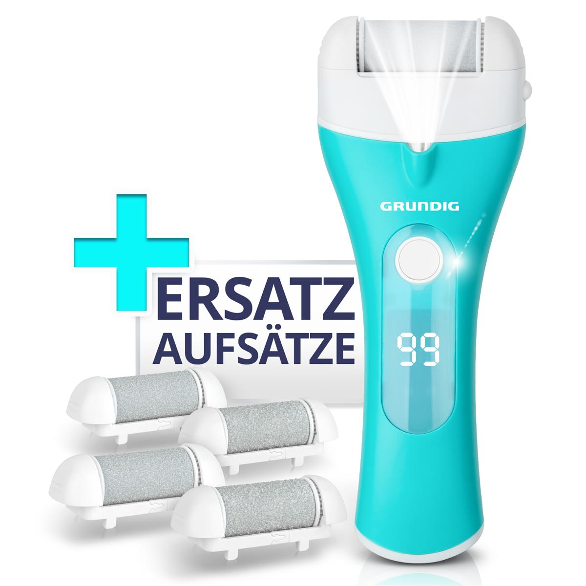 Aquafarbener elektrischer Hornhautentferner mit Licht, Ersatzrollen und digitaler Anzeige.