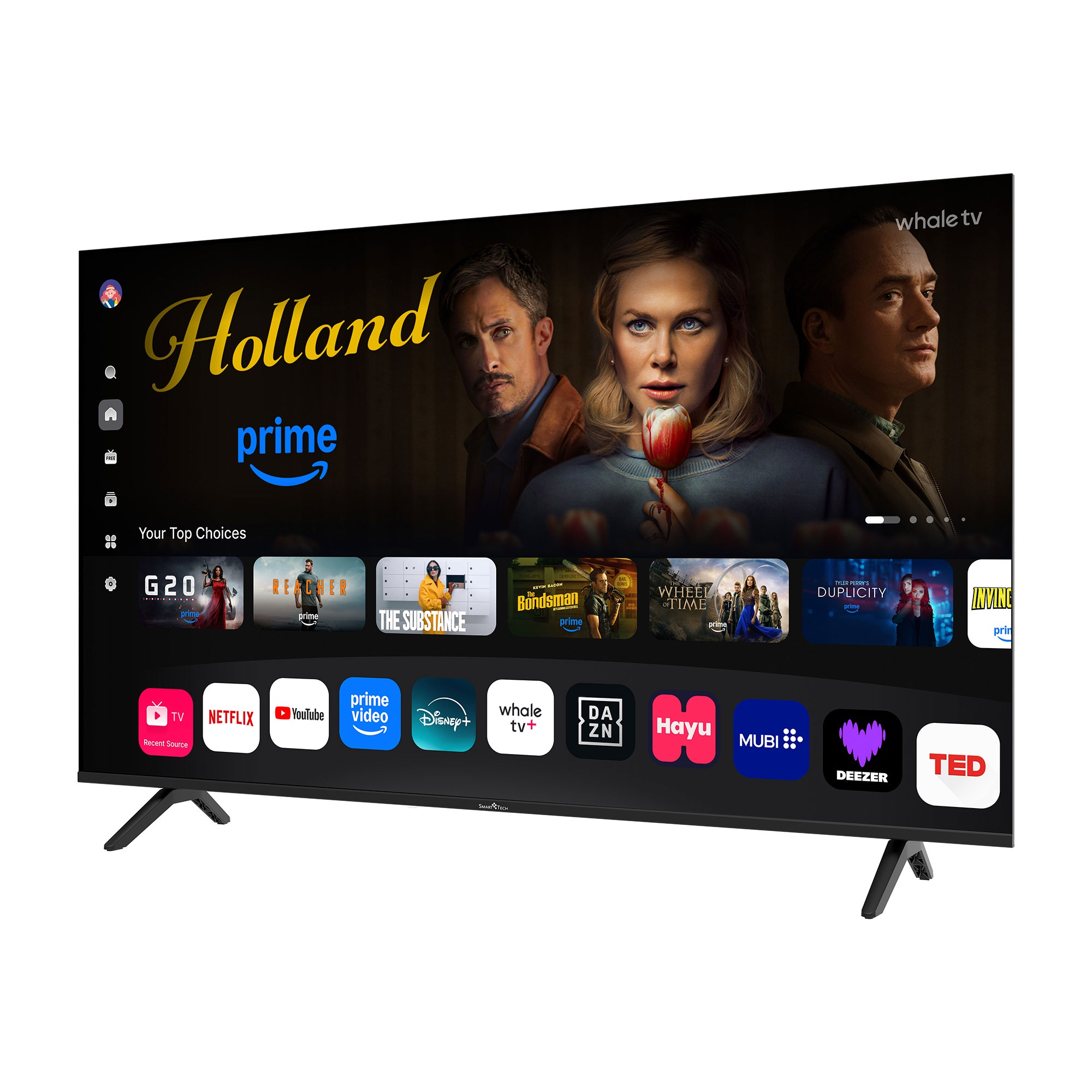 Una TV moderna mostra la sua interfaccia con titoli di film e icone di app.