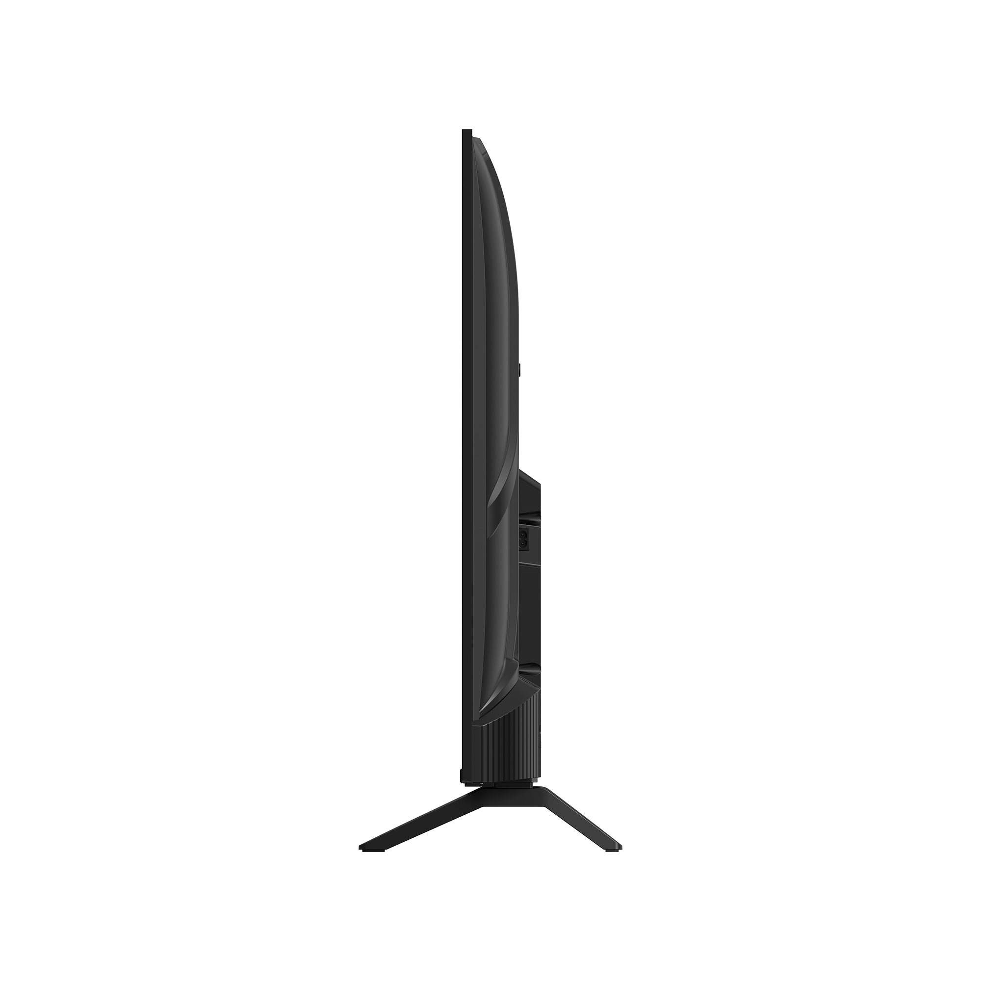Televisor negro de perfil, con bisel delgado y soporte de tres patas.