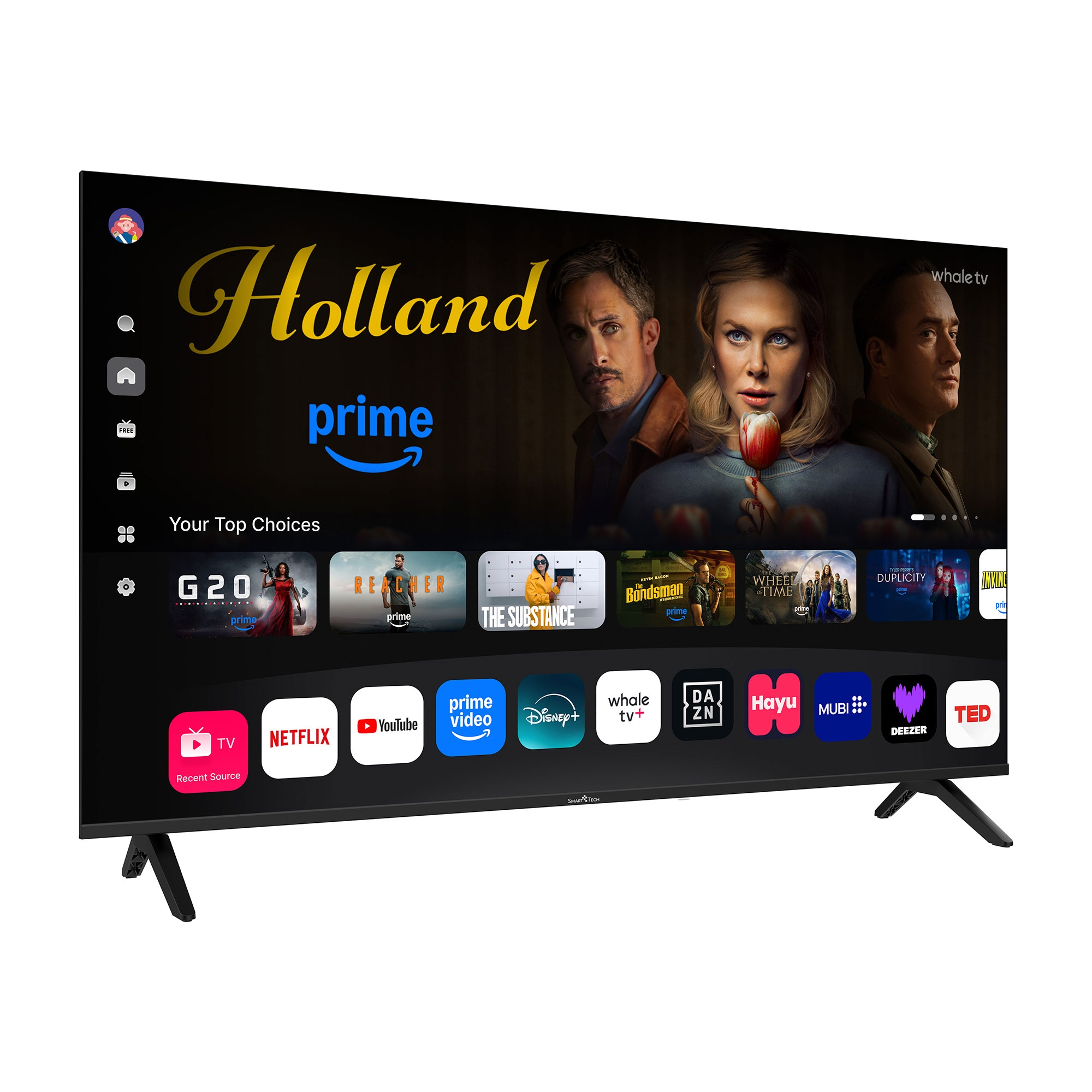 Un televisor inteligente que muestra la pantalla de inicio de Holland Prime Video con iconos de aplicaciones.
