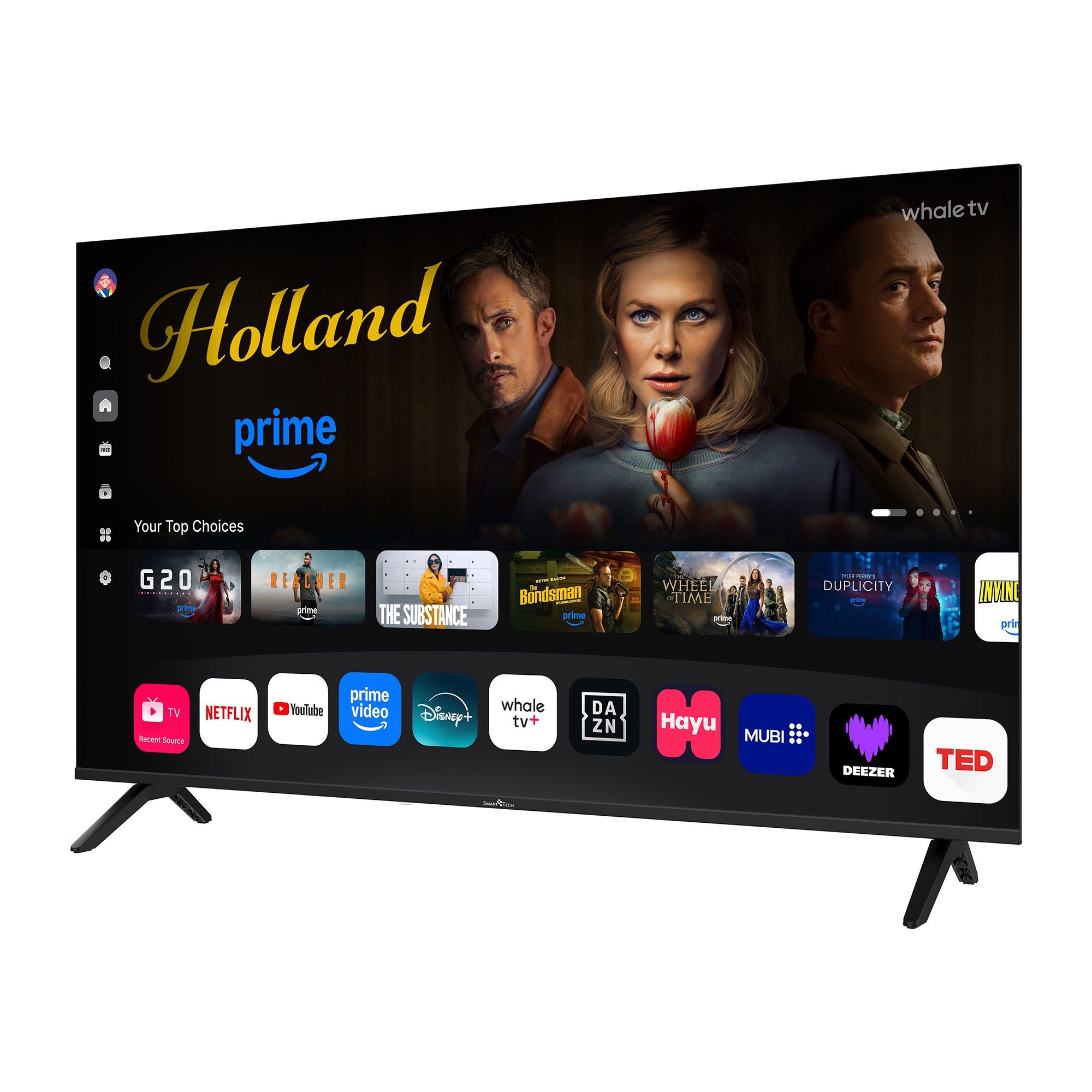 Un televisor moderno muestra su interfaz con aplicaciones y pósteres de películas.