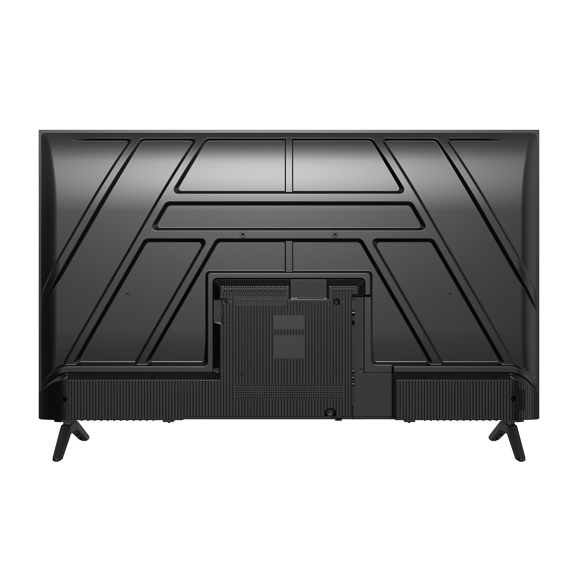 Vista trasera de un televisor negro con patrón detallado y dos patas.