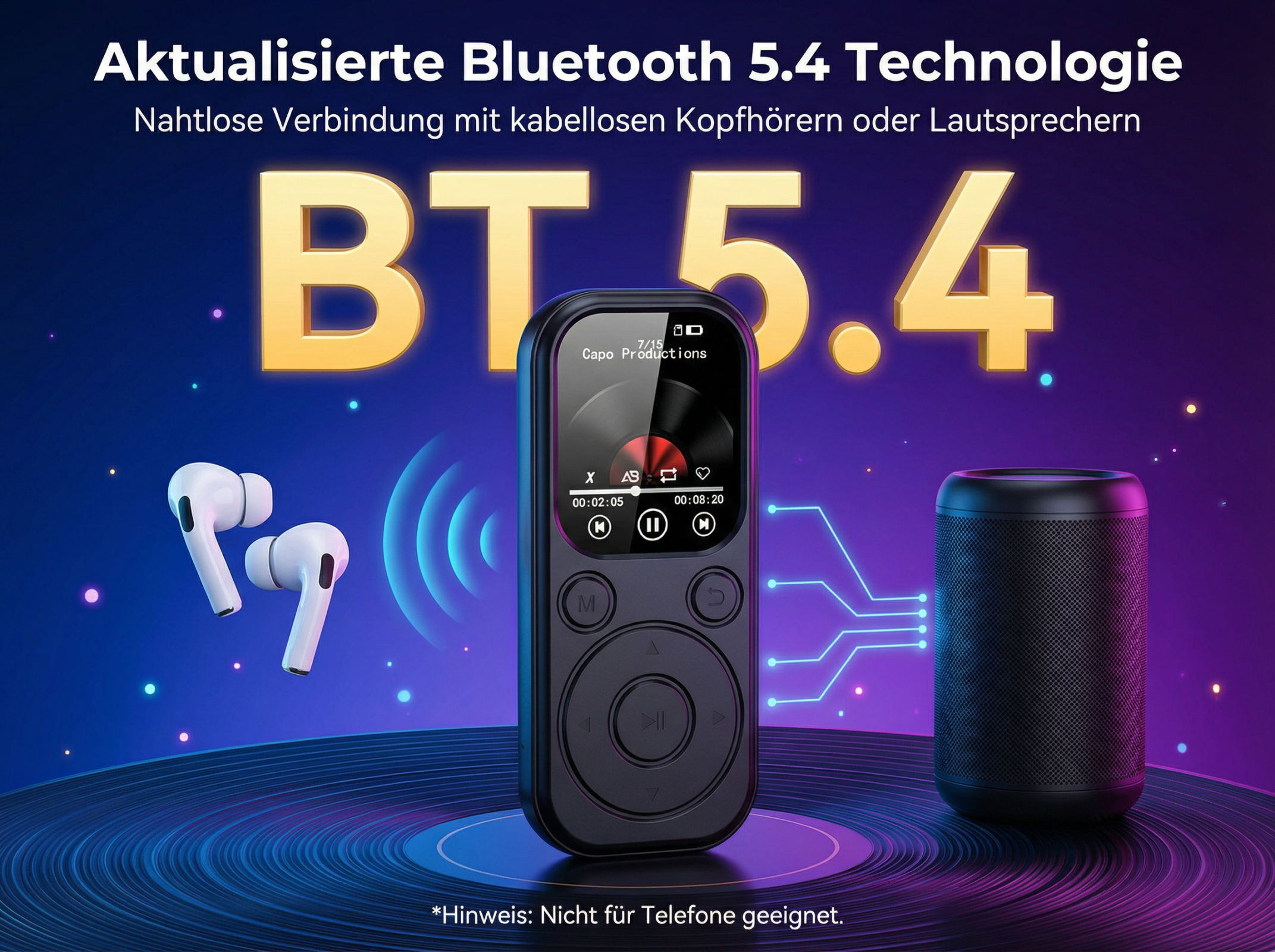 Bluetooth 5.4 Player mit Kopfhörern und Lautsprecher. Großes BT 5.4.