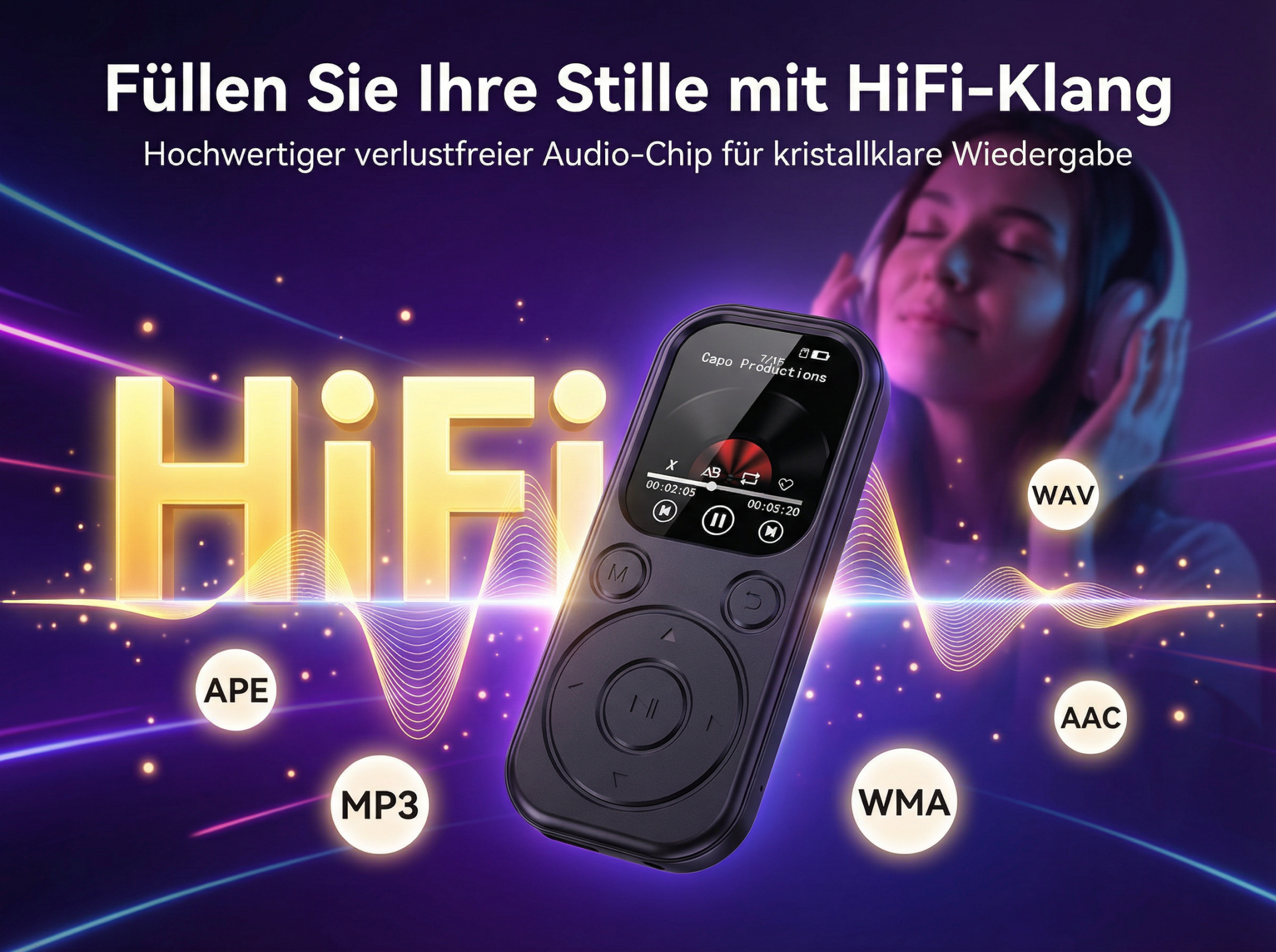 Ein schwarzer HiFi-Player mit Kopfhörern zeigt Musikdateiformate.