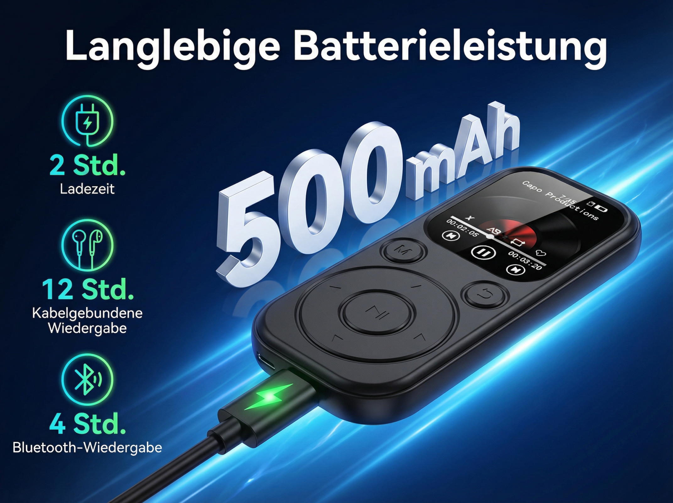 Schwarzer Player mit 500mAh Akku, Ladeanzeige, 2Std Ladezeit, 12Std Kabel/4Std BT Wiedergabe.