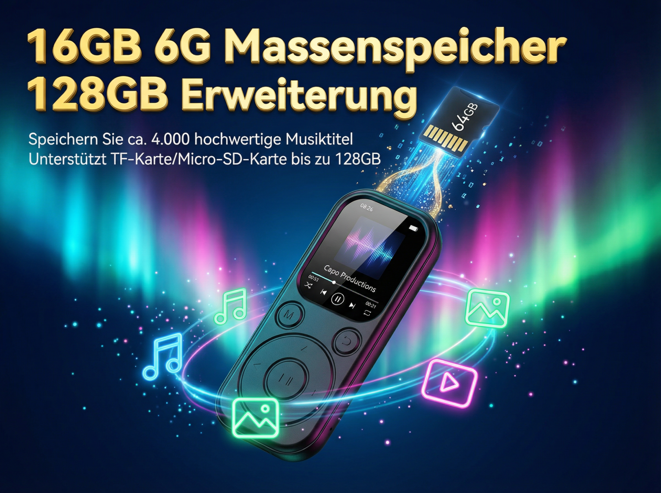 Ein MP3-Player mit 16GB Speicher, erweiterbar auf 128GB, mit SD-Karte.