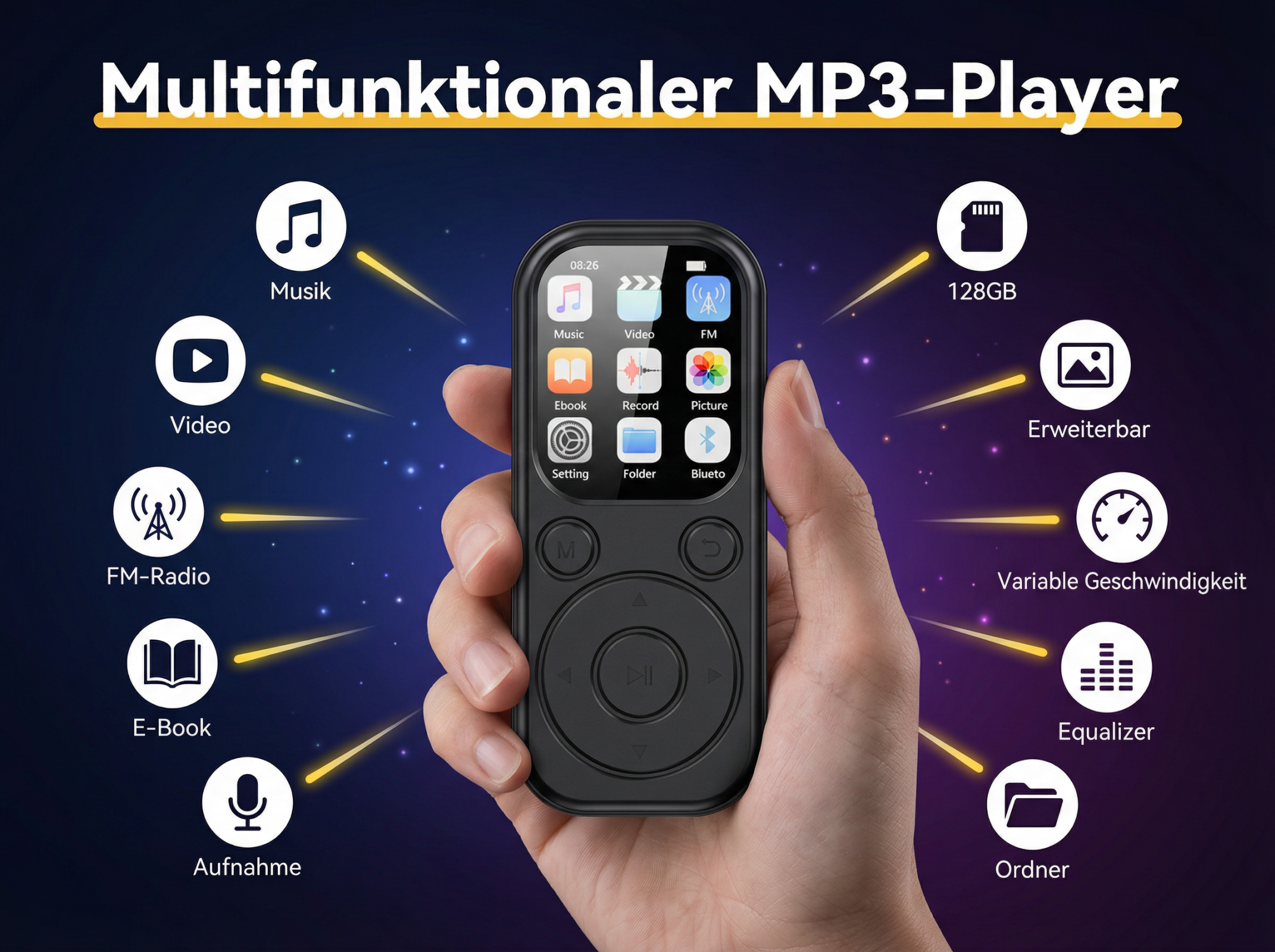 Ein schwarzer MP3-Player mit vielen Funktionen wird von einer Hand gehalten.