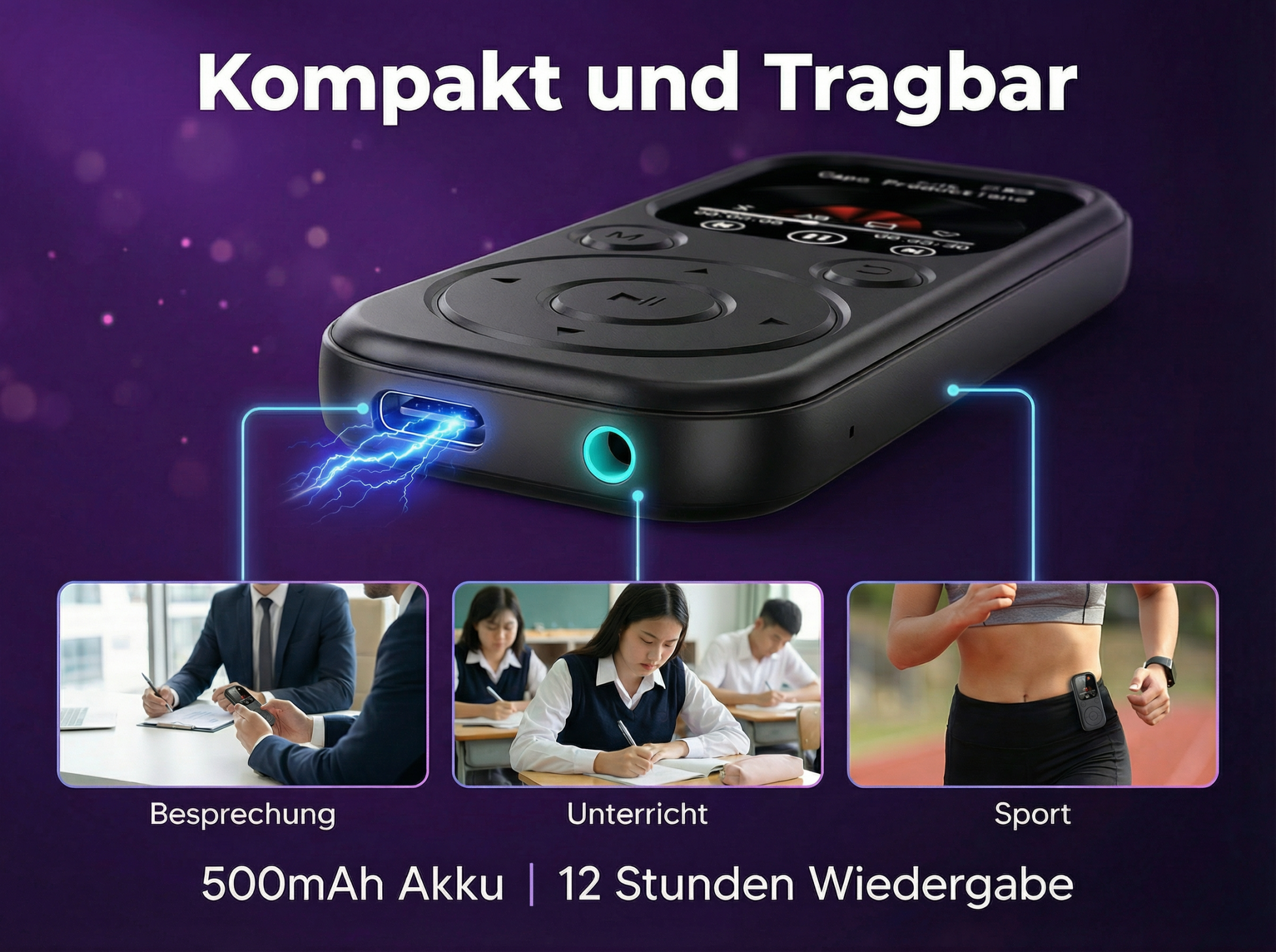 Kompakter Player für Besprechung, Unterricht und Sport mit 500mAh Akku.