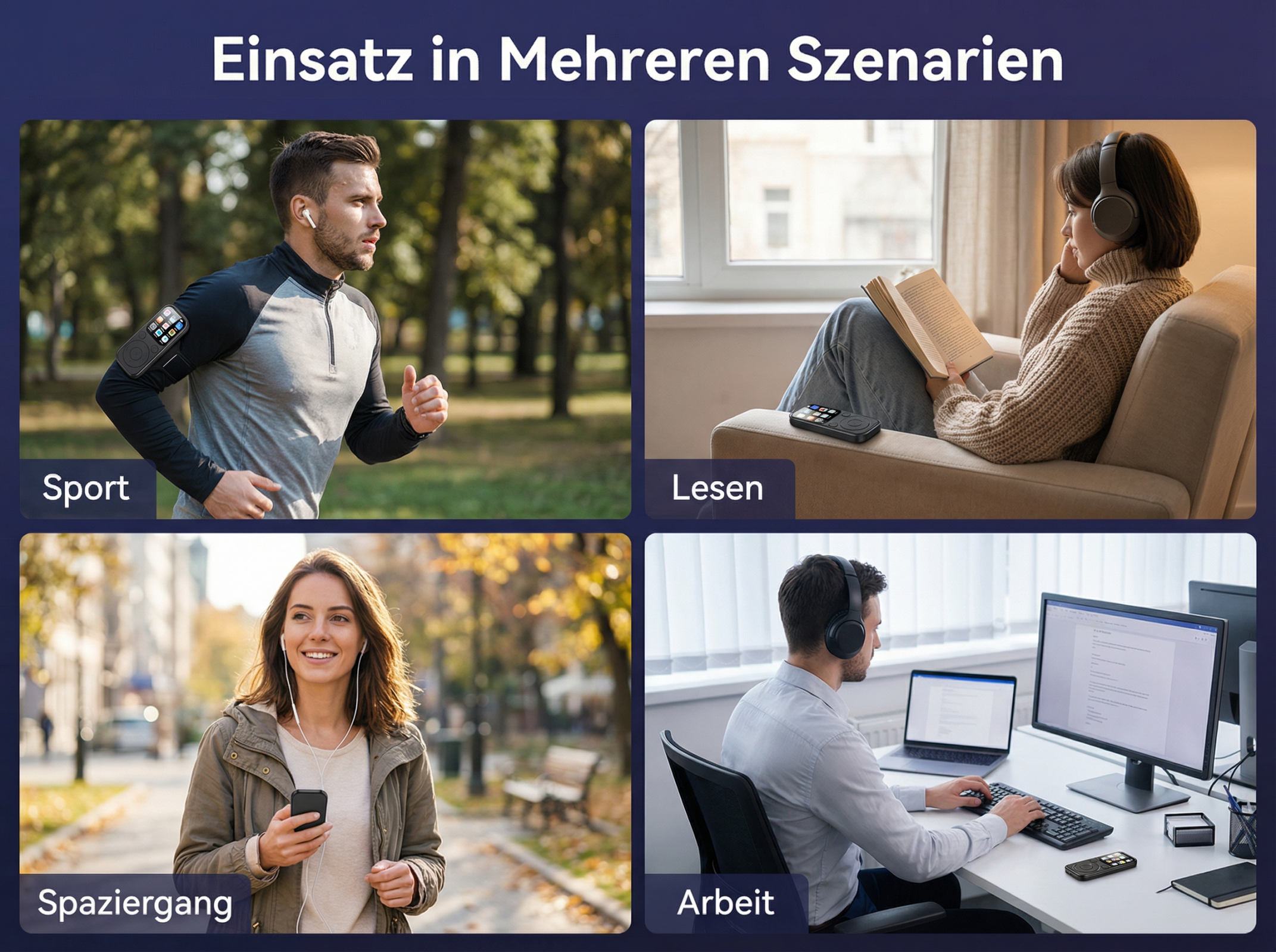 Mann beim Joggen, Frau beim Lesen, Frau beim Spaziergang, Mann am Schreibtisch.