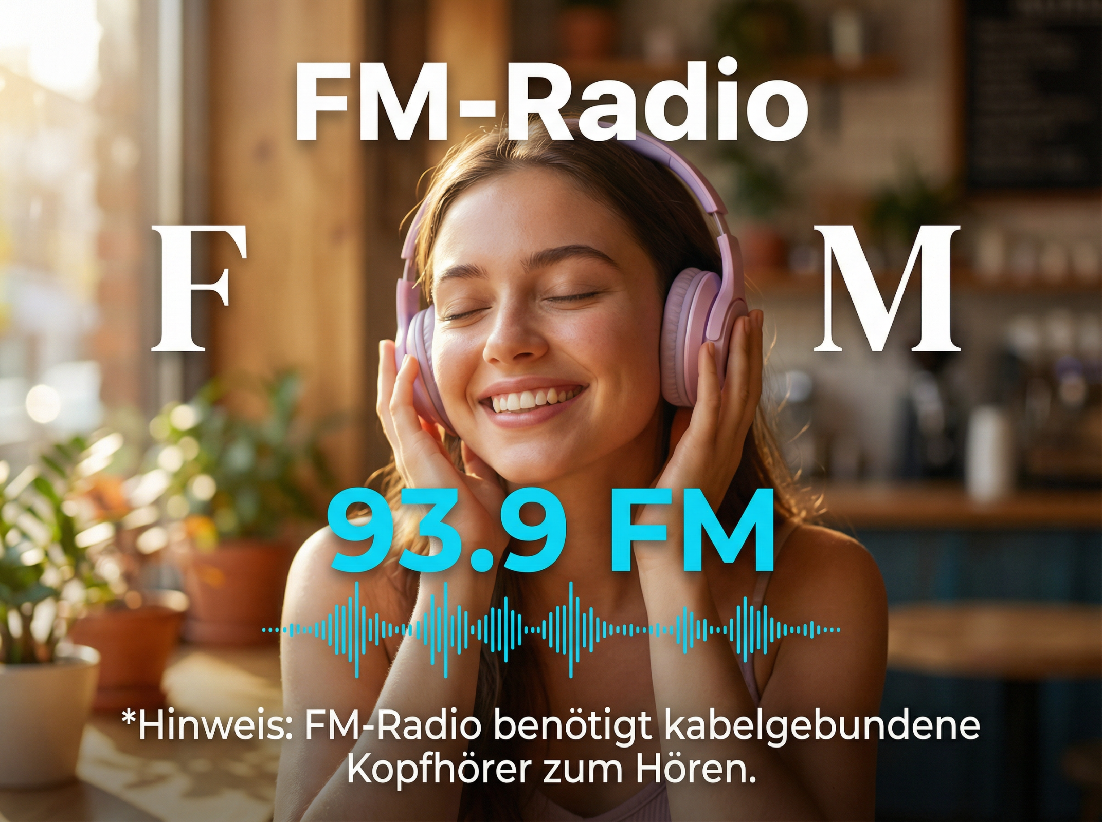Junge Frau mit Kopfhörern hört FM-Radio mit der Frequenz 93.9.