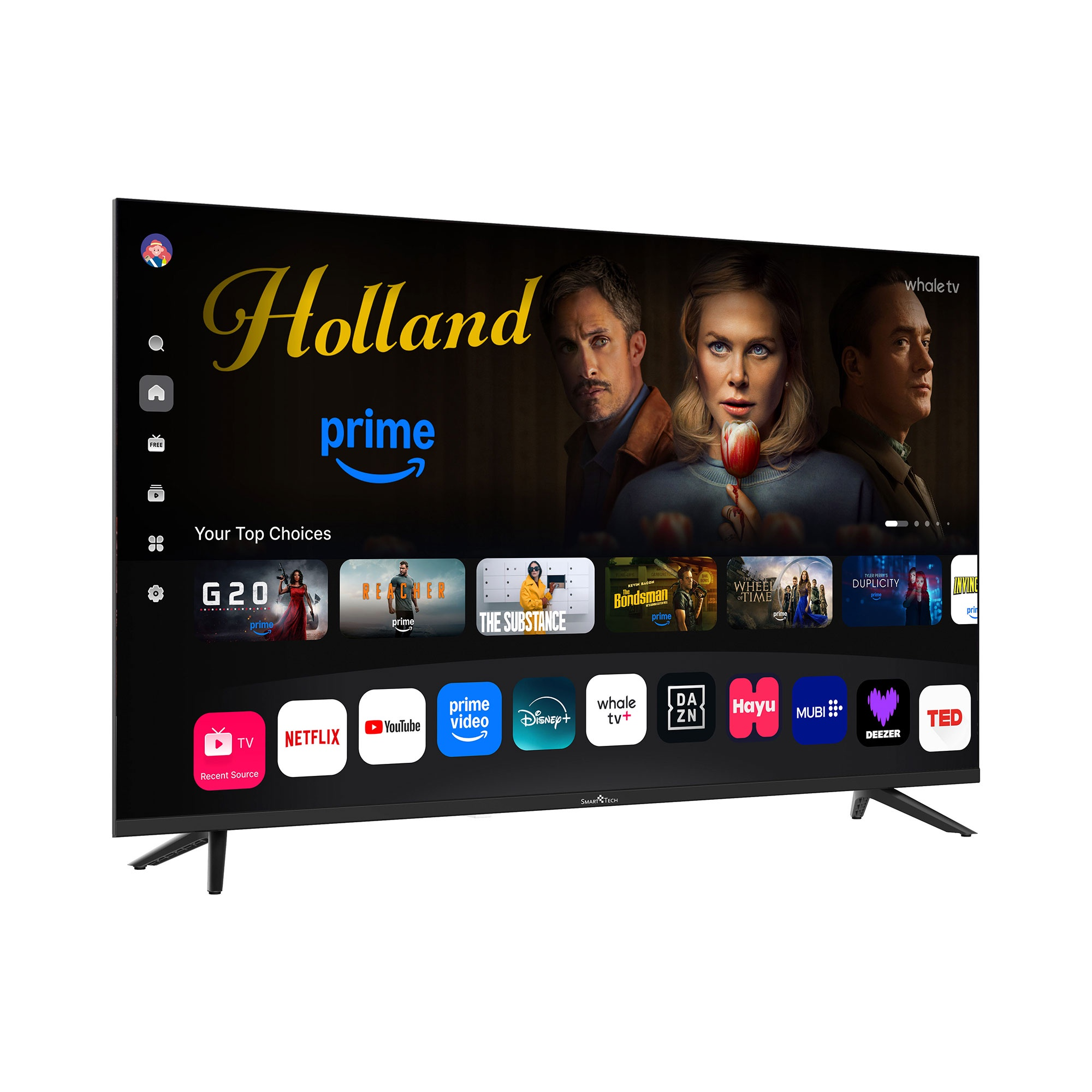 Ein Smart-TV mit einer Benutzeroberfläche, die Filme und Apps anzeigt.