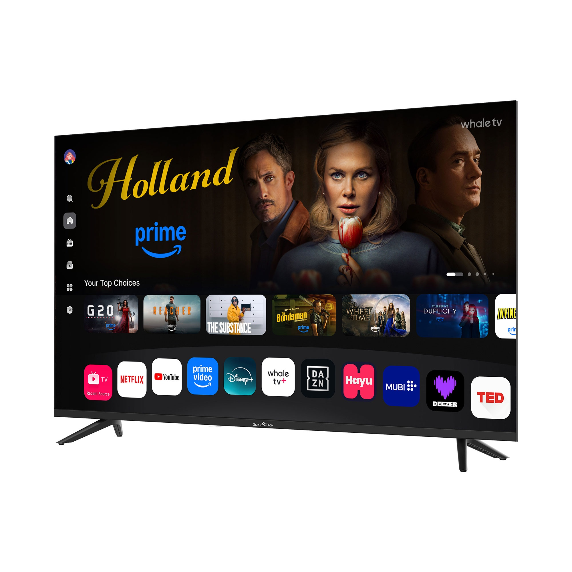Ein Smart-TV zeigt die Benutzeroberfläche mit Filmtiteln und App-Symbolen.