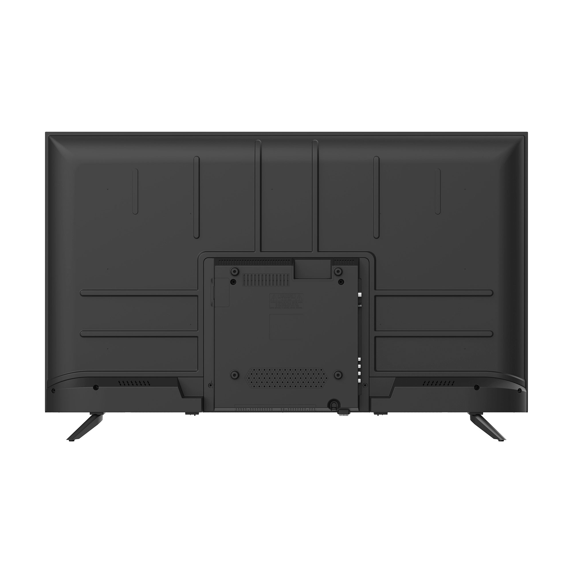 Rückseite eines schwarzen Fernsehers mit Standfüßen und Anschlüssen.