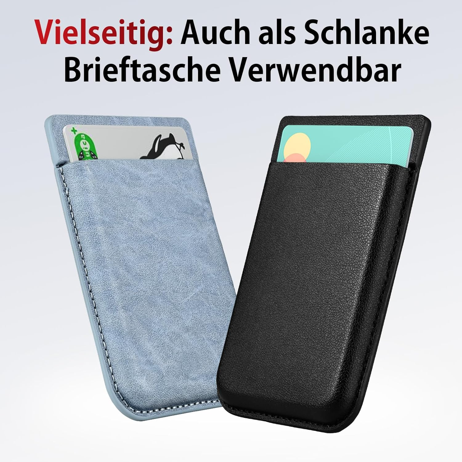 Dwa etui na telefon: jasnoniebieskie i czarne, oba z kartami.