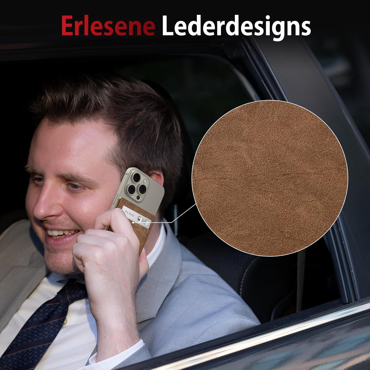 Mężczyzna w samochodzie rozmawia przez telefon, pokazując brązowe skórzane etui.