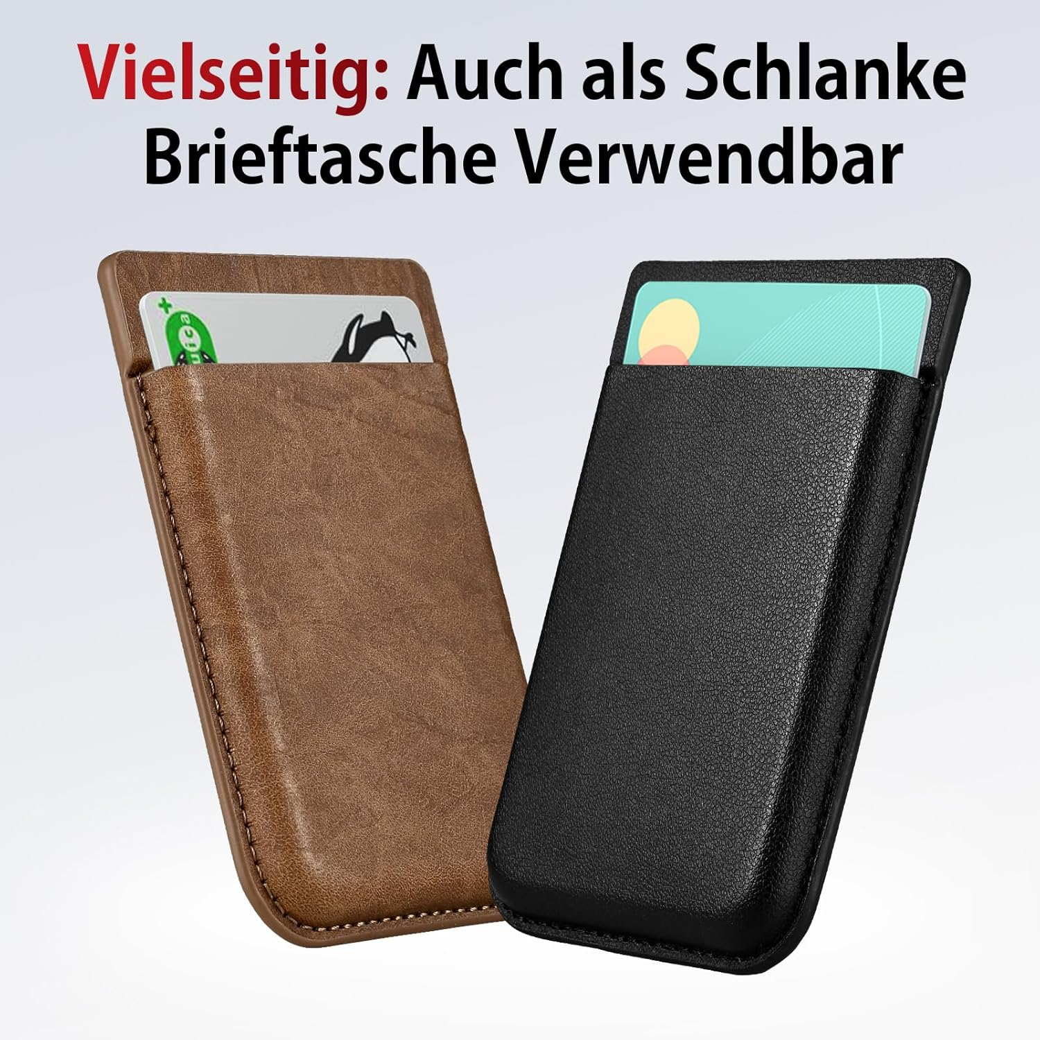 Dwa etui na telefon, brązowe i czarne, z kartami.