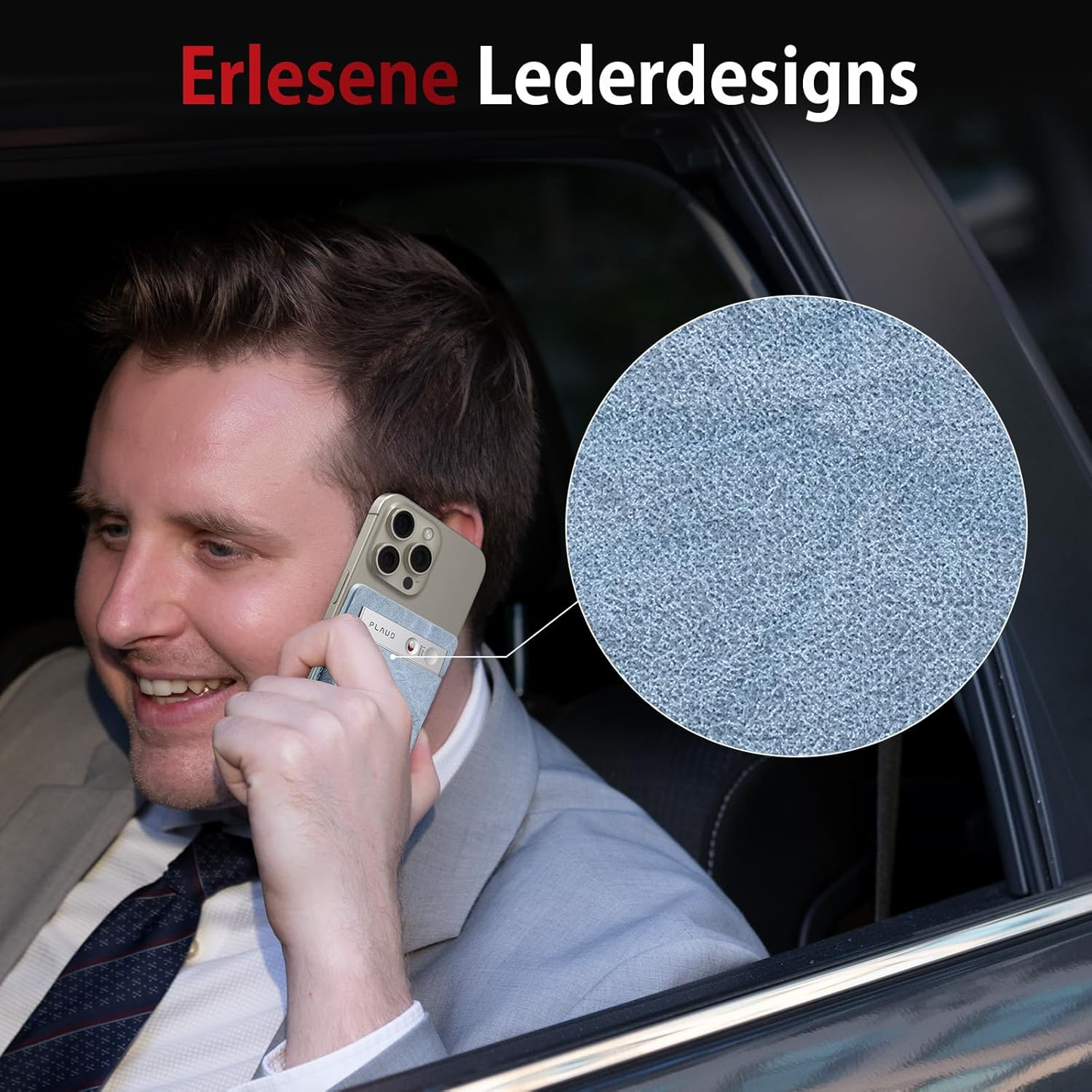 Mężczyzna w samochodzie przez telefon z uchwytem, zbliżenie faktury.