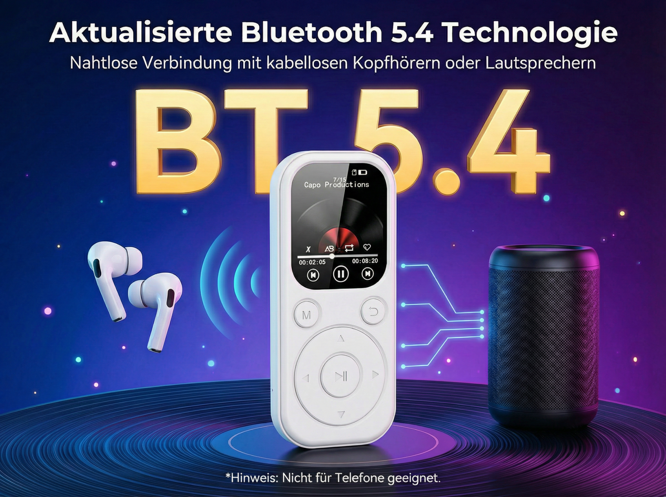 Ein weißer MP3-Player, weiße Ohrhörer und ein schwarzer Lautsprecher auf einer Schallplatte.