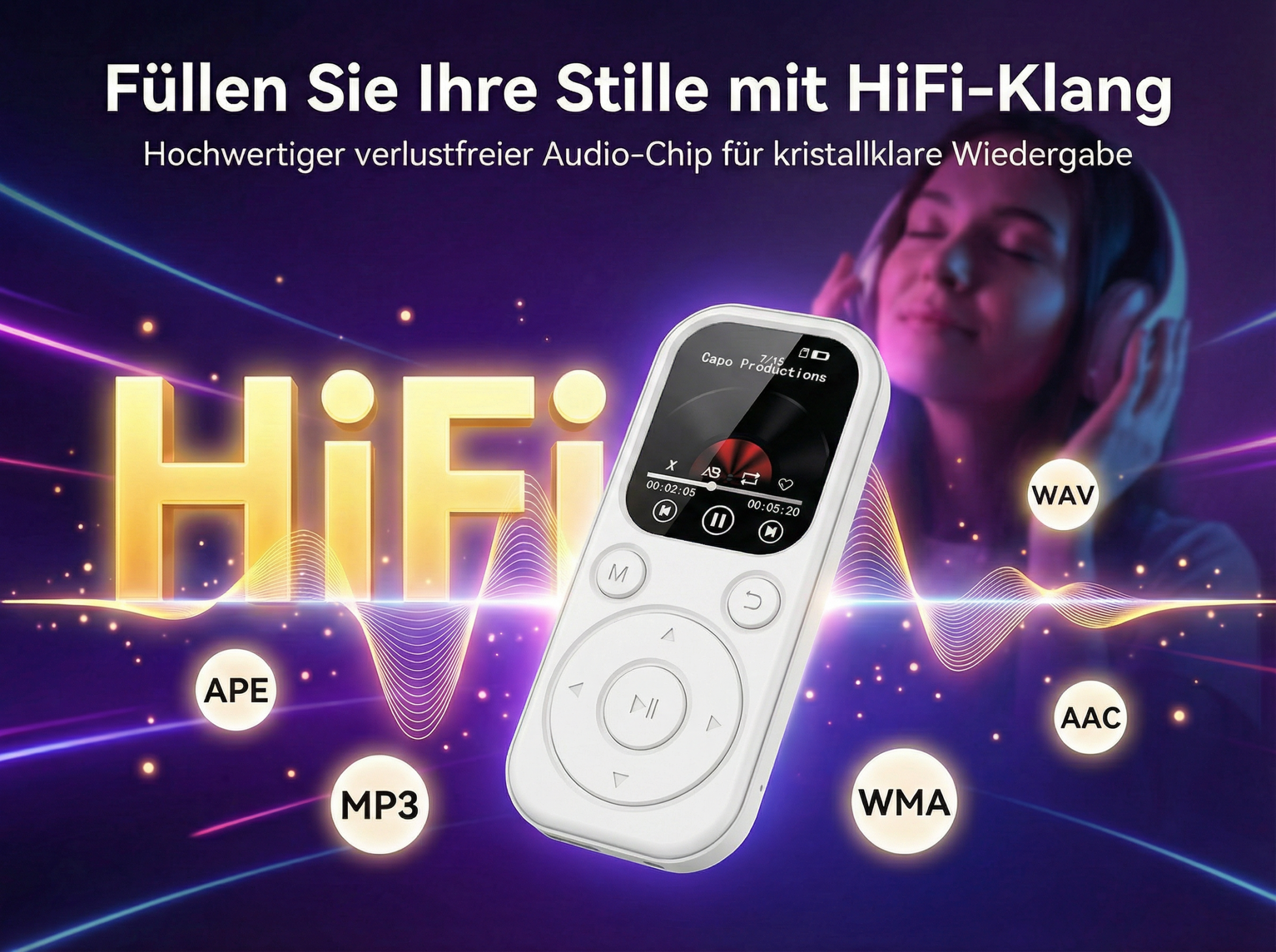 Ein weißer HiFi-Player mit Kopfhörern und Musiksymbolen, der für Audioqualität wirbt.