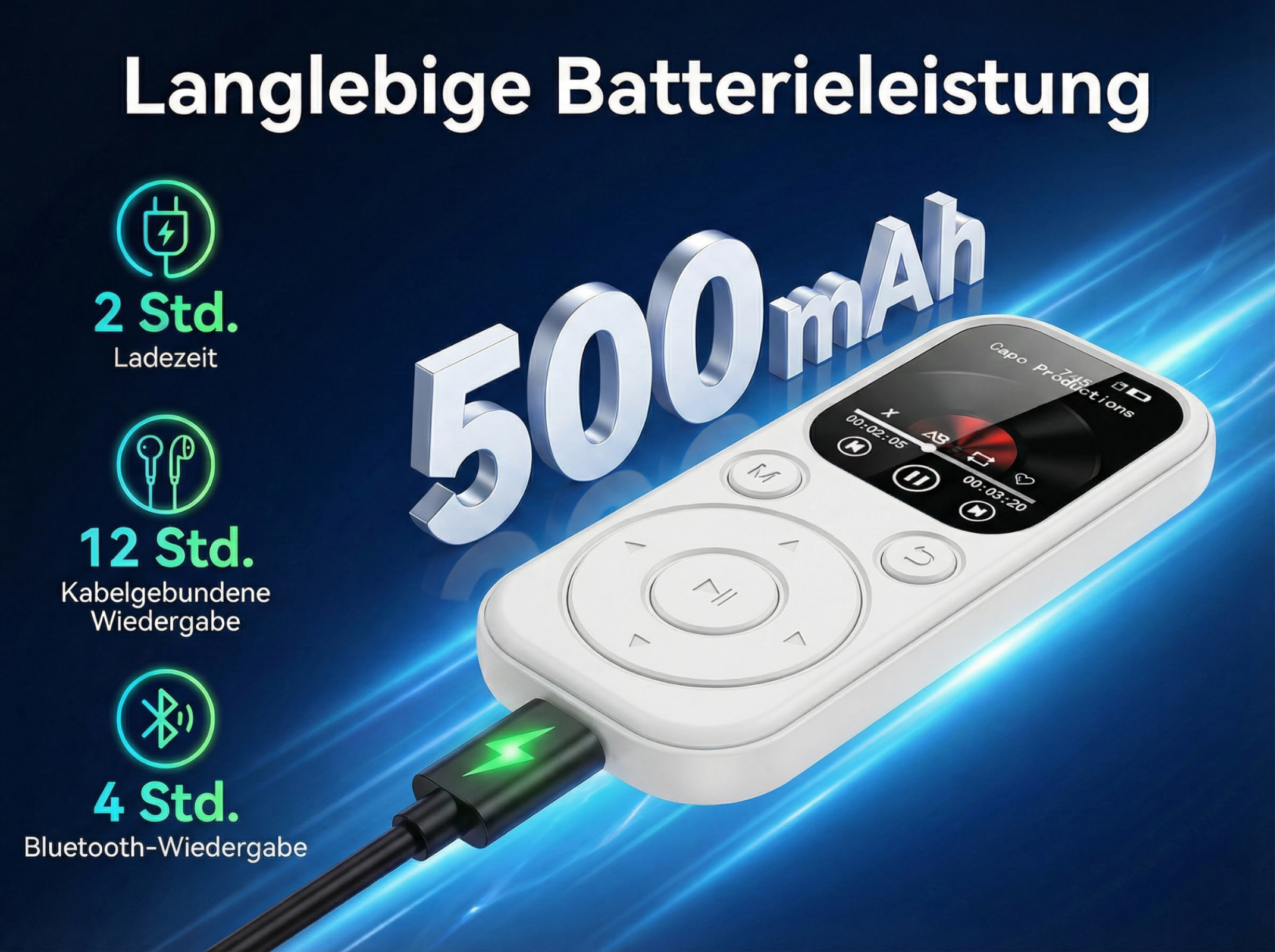 Weißer MP3-Player mit 500mAh Akku, lädt 2 Std., Wiedergabe 12 Std. kabelgebunden, 4 Std. Bluetooth.