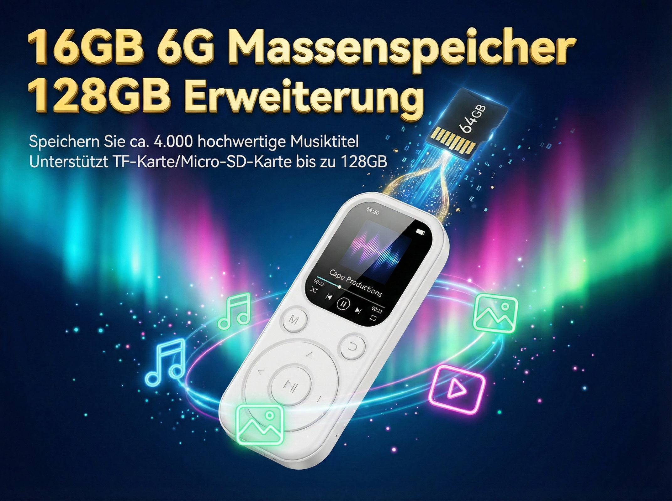 Ein weißer MP3-Player mit SD-Karte, Musik- und Bildsymbolen auf buntem Hintergrund.